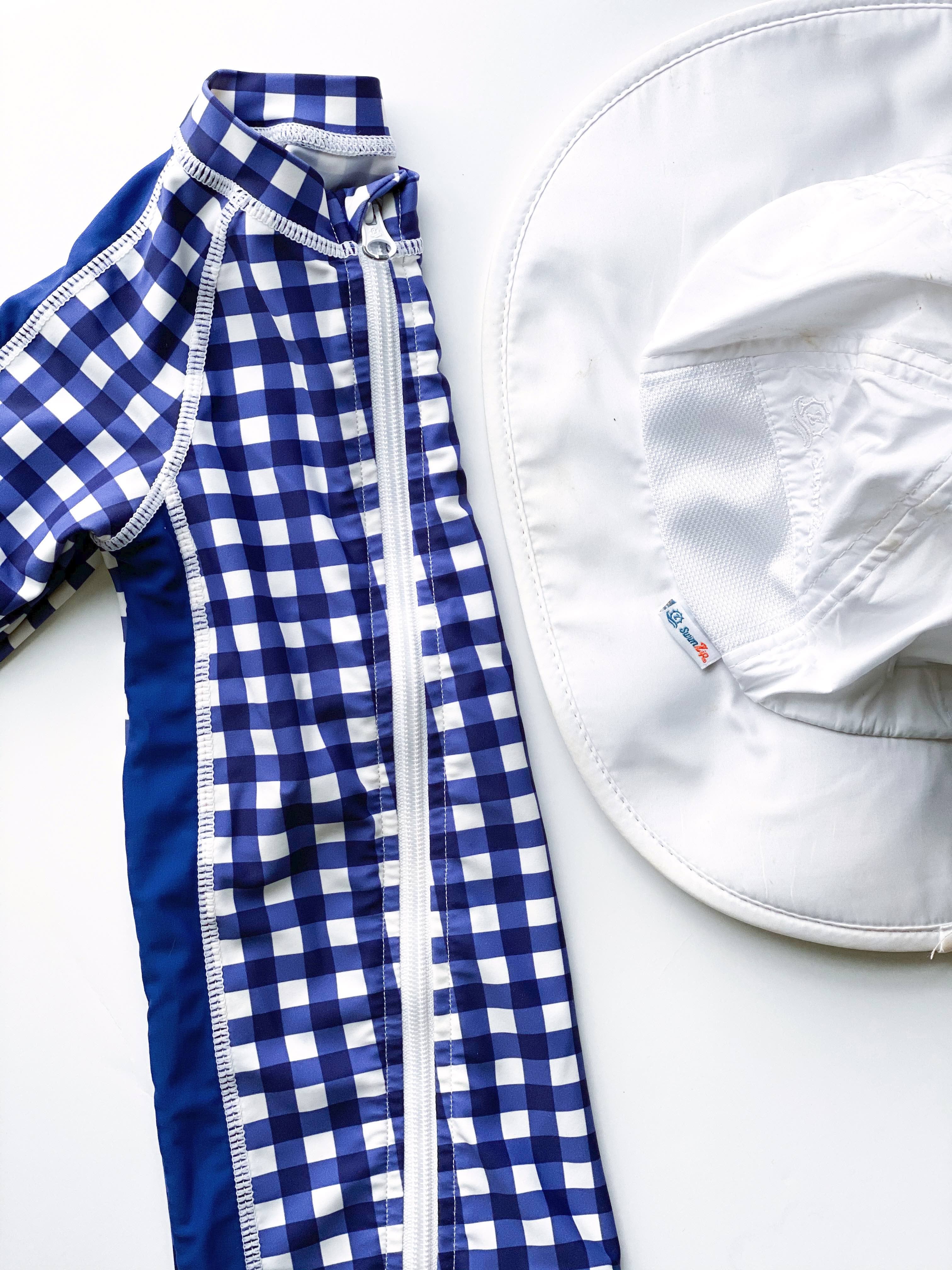 Sunsuit - Long Sleeve Romper Swimsuit | "Navy Gingham"-SwimZip UPF 50+ Sun Protective Swimwear & UV Zipper Rash Guards-pos9