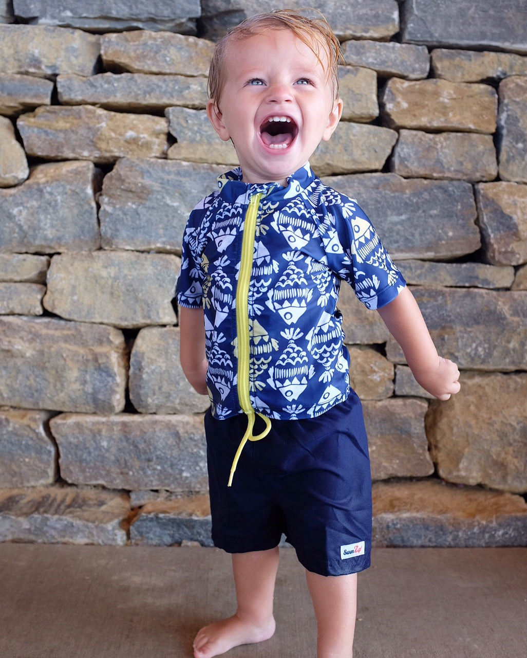 Boys Short Sleeve Zipper Rash Guard and Swim Trunk Set | "Fish Bone Babe"-SwimZip UPF 50+ Sun Protective Swimwear & UV Zipper Rash Guards-pos2