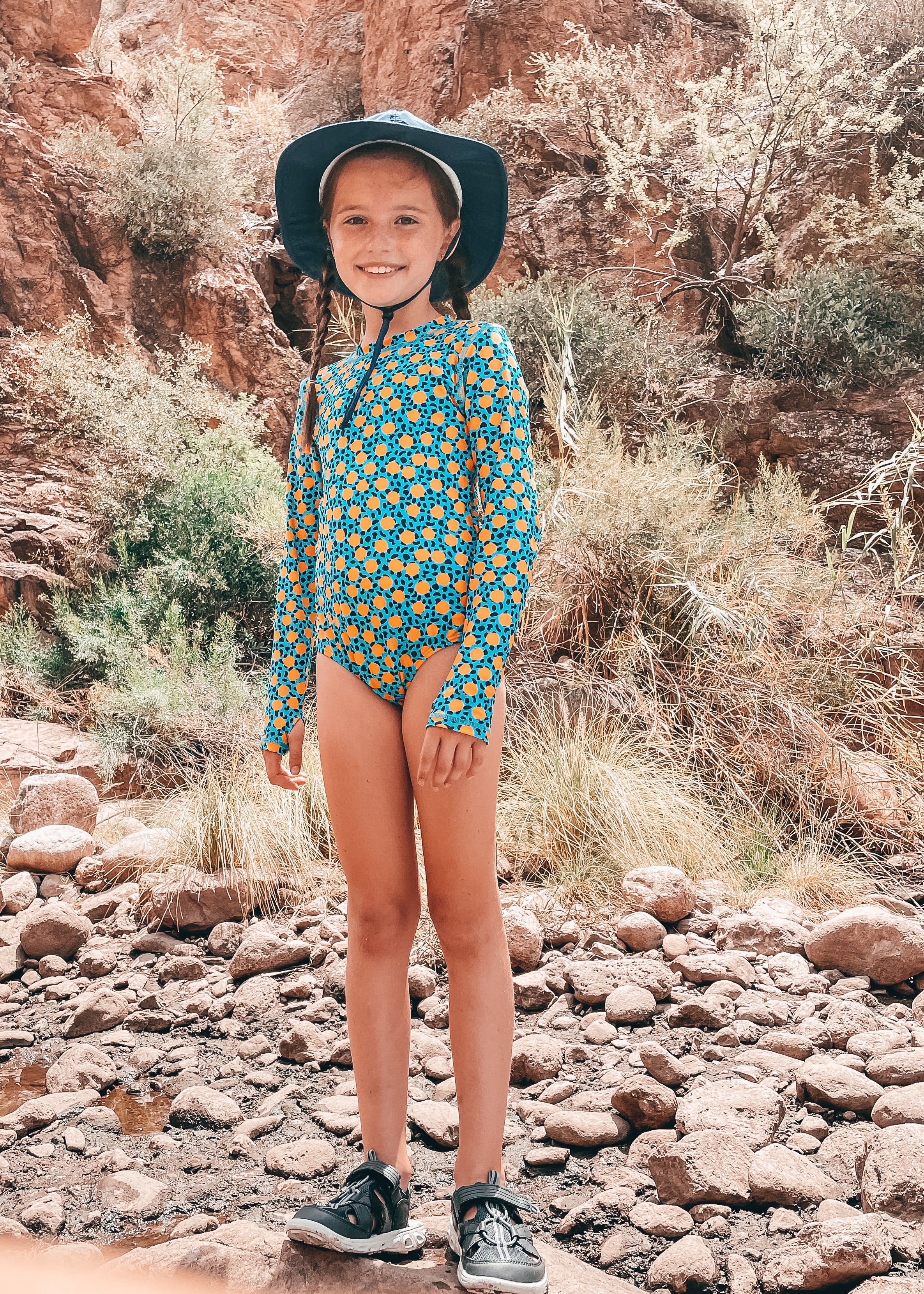 Girls Long Sleeve Surf Suit (One Piece Bodysuit) | "Geo Party"-SwimZip UPF 50+ Sun Protective Swimwear & UV Zipper Rash Guards-pos6