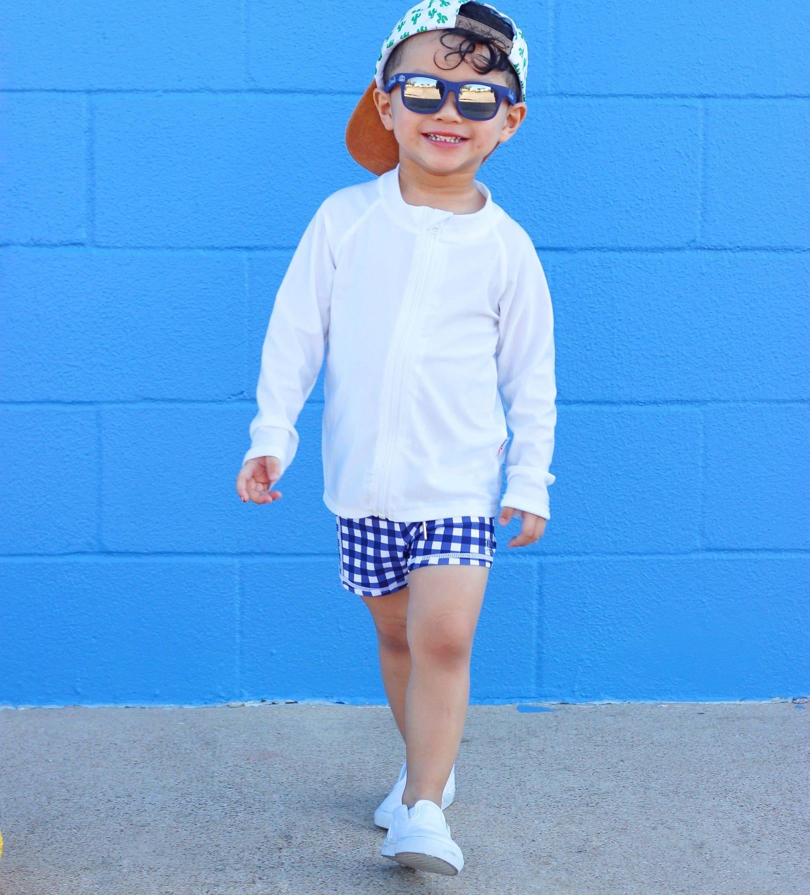 Kids Euro Swim Shorties | "Navy Gingham"-SwimZip UPF 50+ Sun Protective Swimwear & UV Zipper Rash Guards-pos2
