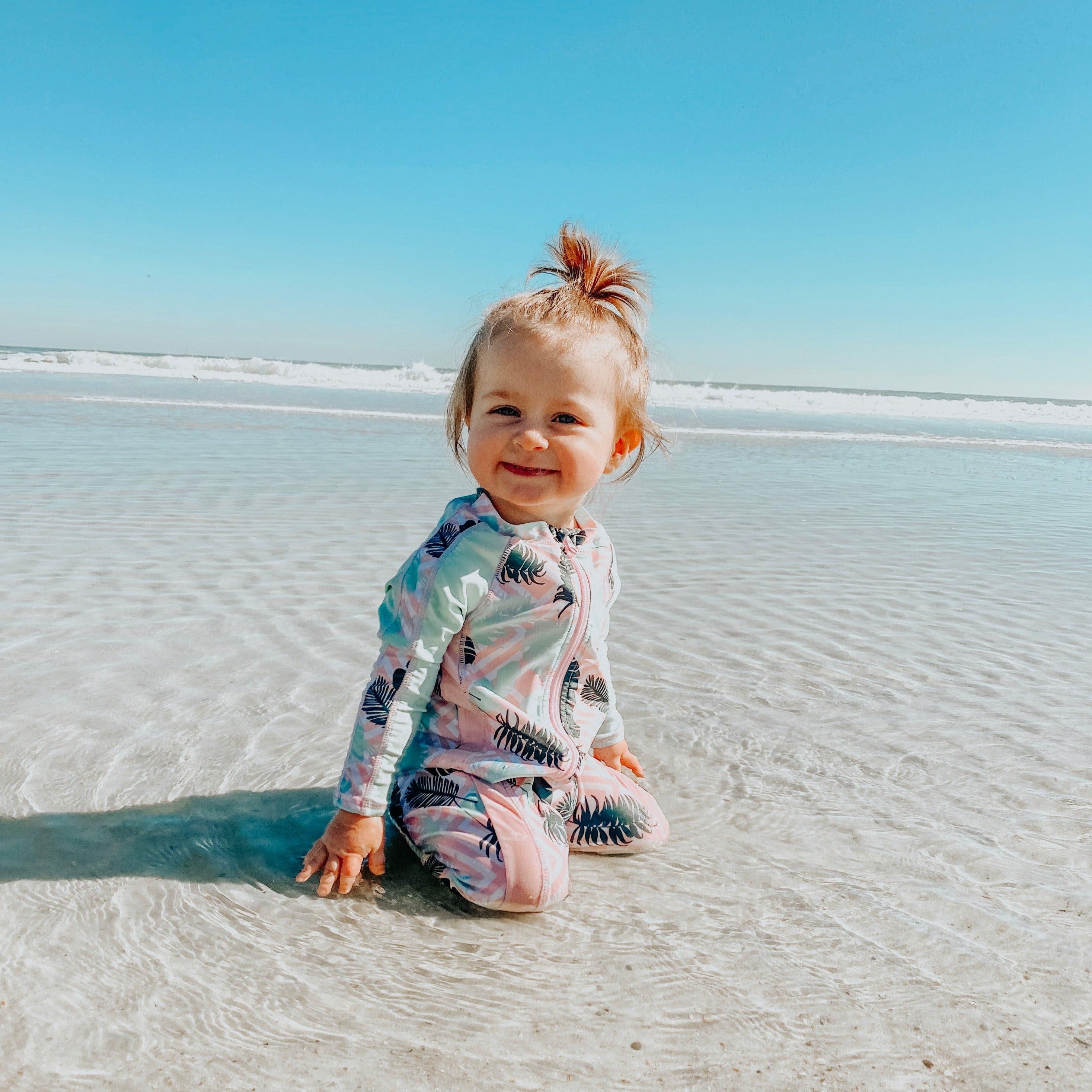 Sunsuit - Long Sleeve Romper Swimsuit | "Palm Breeze"-SwimZip UPF 50+ Sun Protective Swimwear & UV Zipper Rash Guards-pos2