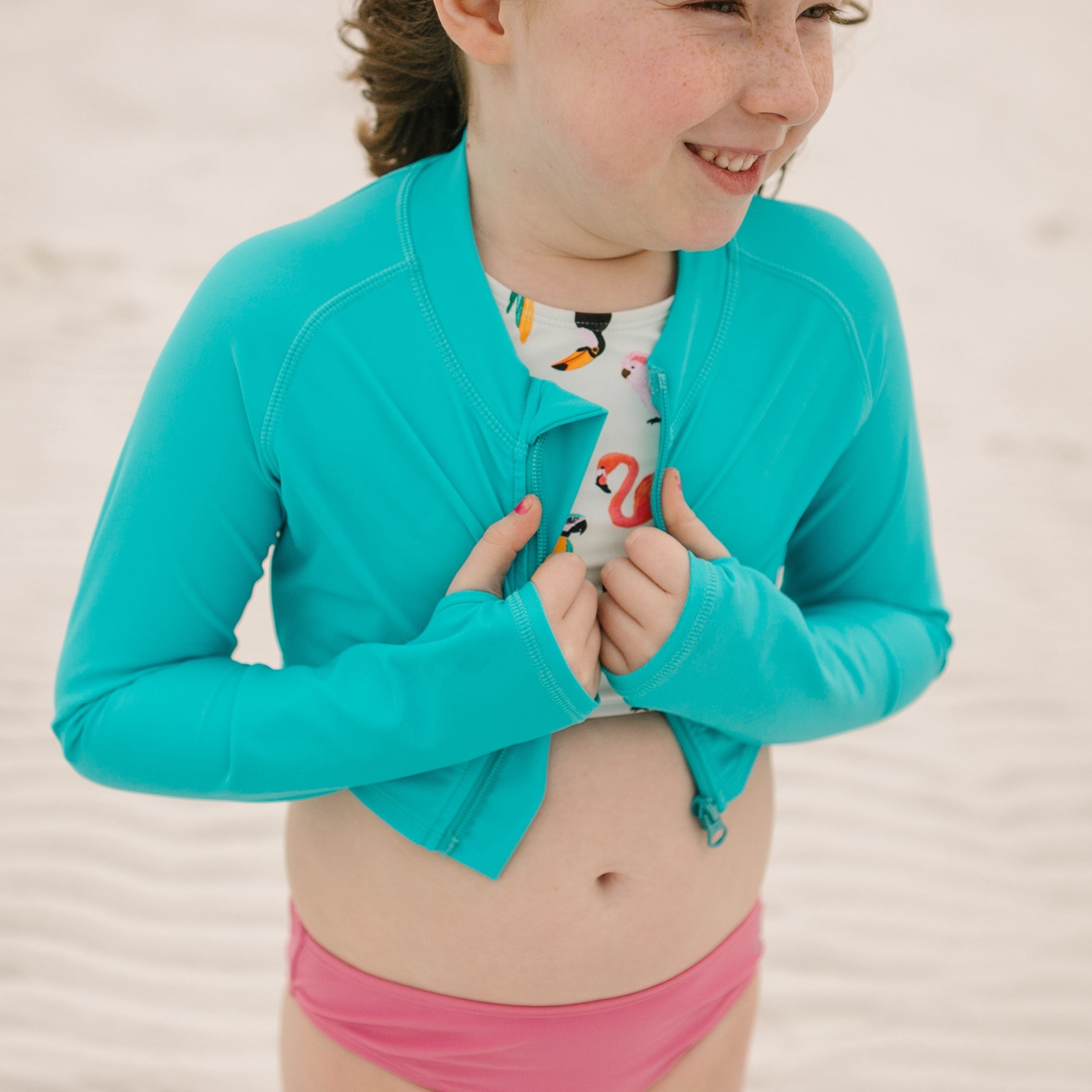Girls Long Sleeve Crop Rash Guard | "Scuba Blue"-SwimZip UPF 50+ Sun Protective Swimwear & UV Zipper Rash Guards-pos3