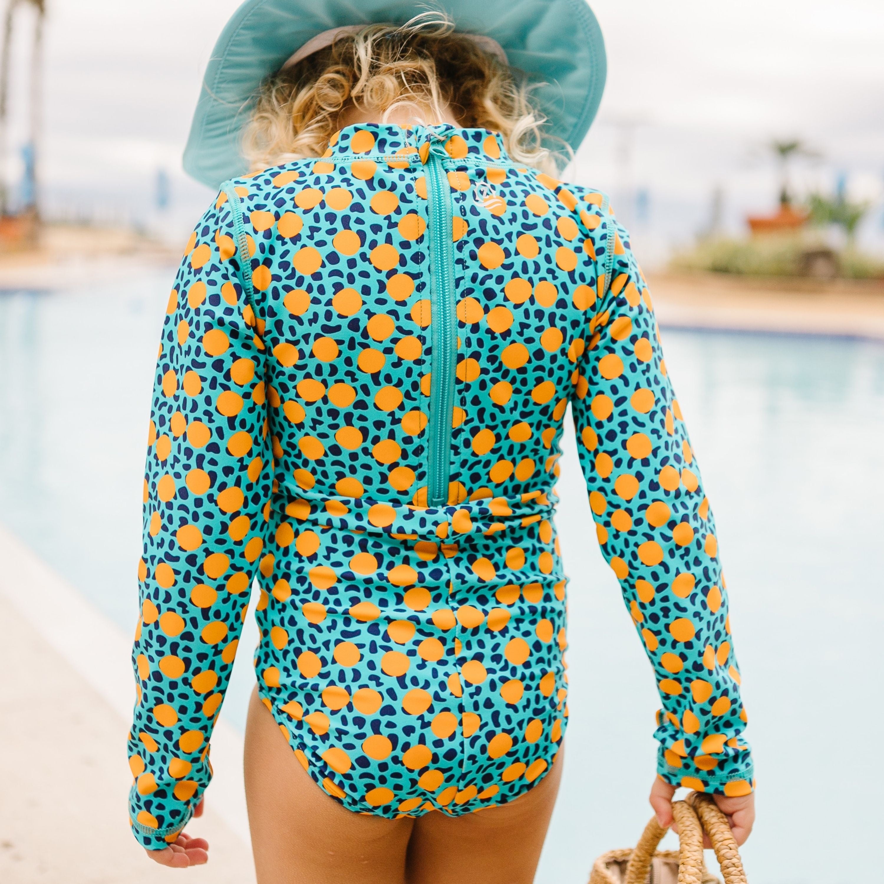 Girls Long Sleeve Surf Suit (One Piece Bodysuit) | "Geo Party"-SwimZip UPF 50+ Sun Protective Swimwear & UV Zipper Rash Guards-pos7