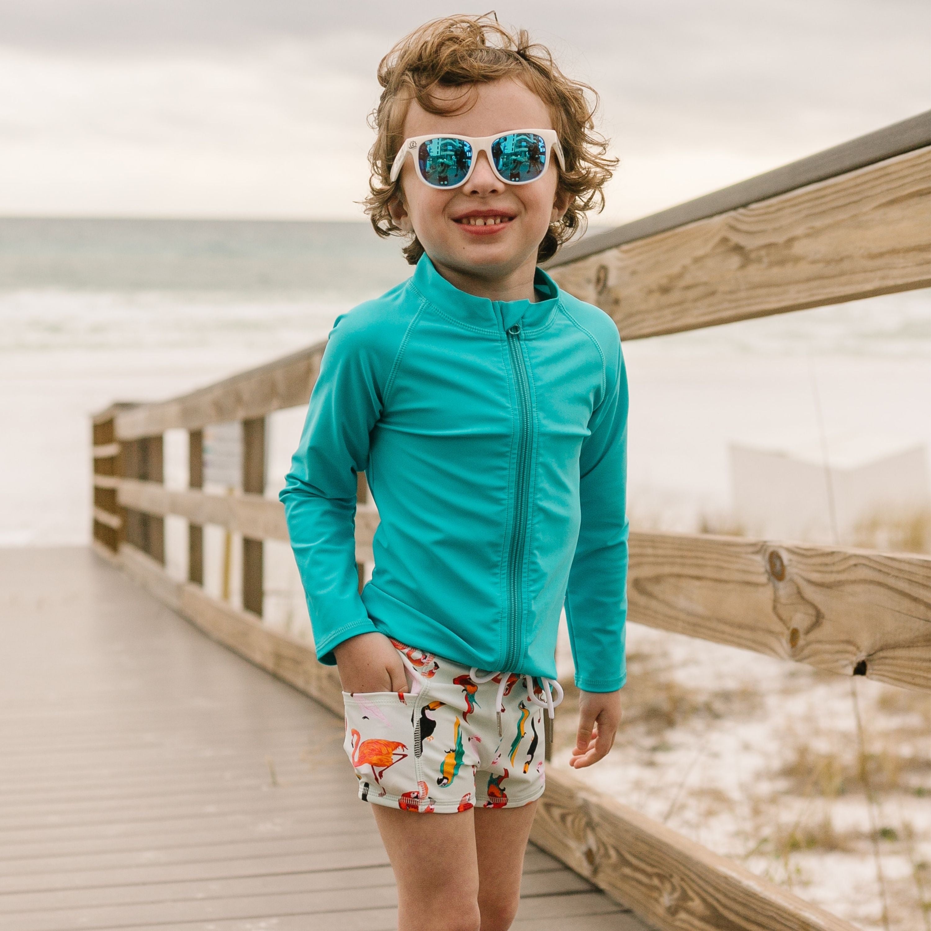 Kids Euro Swim Shorties | "Tropical Birds"-SwimZip UPF 50+ Sun Protective Swimwear & UV Zipper Rash Guards-pos4