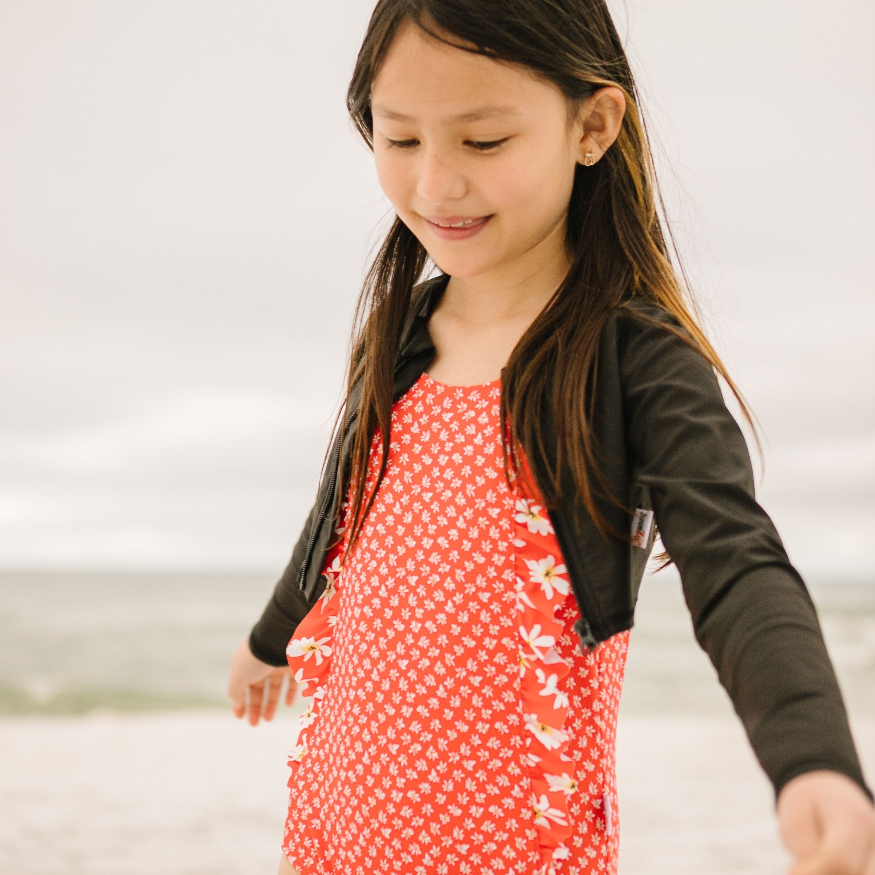 Girls Long Sleeve Crop Rash Guard | "Black"-SwimZip UPF 50+ Sun Protective Swimwear & UV Zipper Rash Guards-pos4