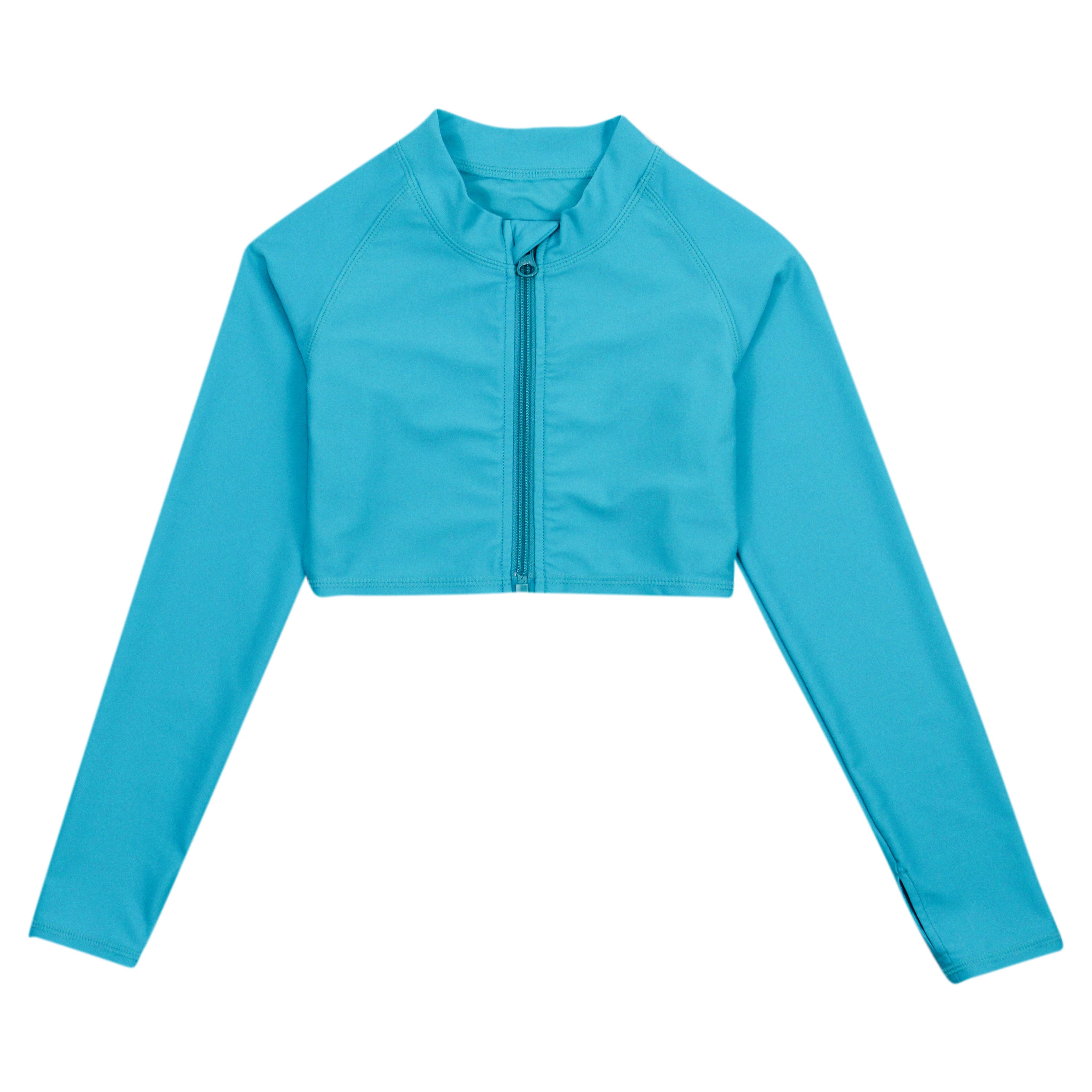 Girls Long Sleeve Crop Rash Guard | "Scuba Blue"-6-8-Scuba Blue-SwimZip UPF 50+ Sun Protective Swimwear & UV Zipper Rash Guards-pos1