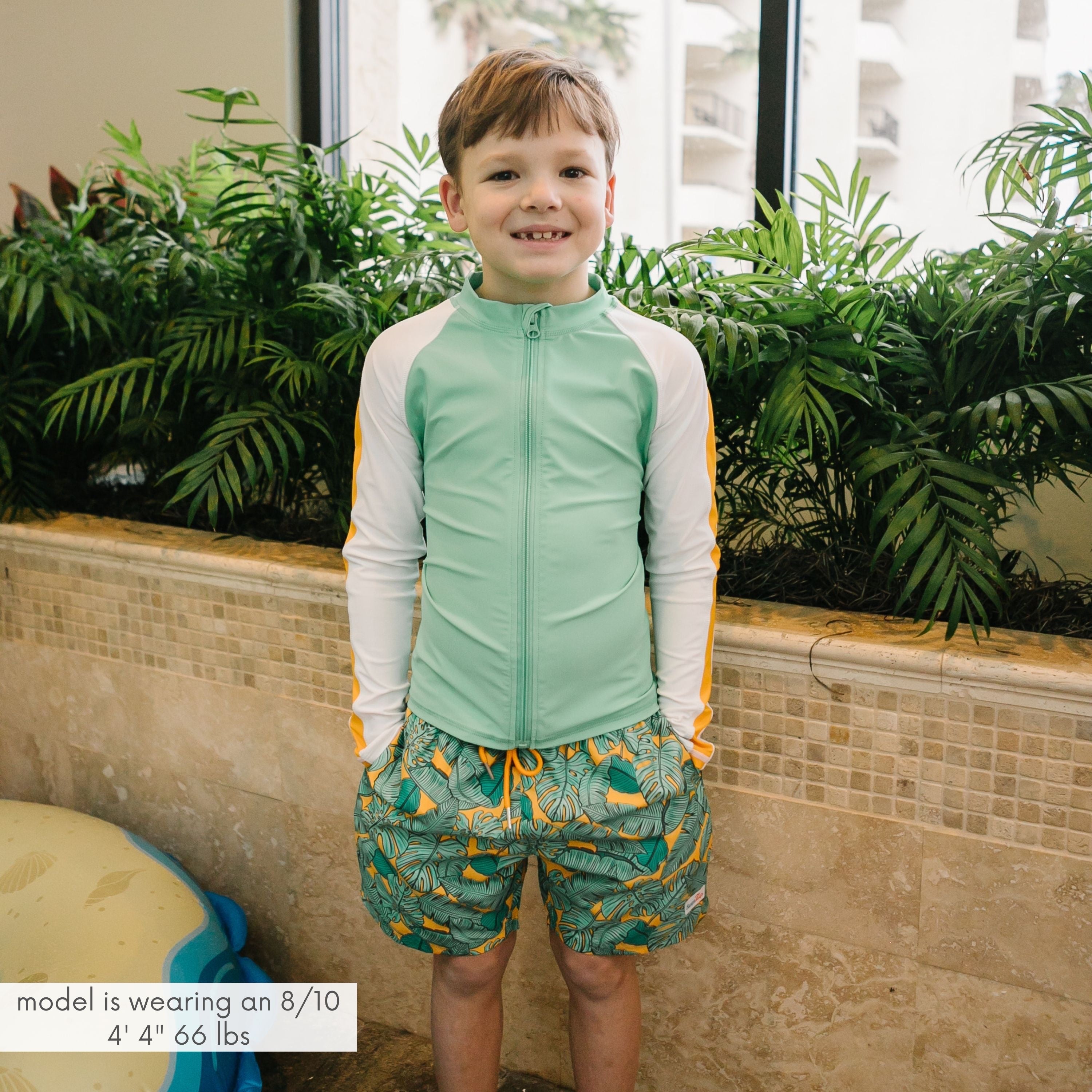 Boys Long Sleeve Zipper Rash Guard and Swim Trunk Set | "The Tropics"-SwimZip UPF 50+ Sun Protective Swimwear & UV Zipper Rash Guards-pos4