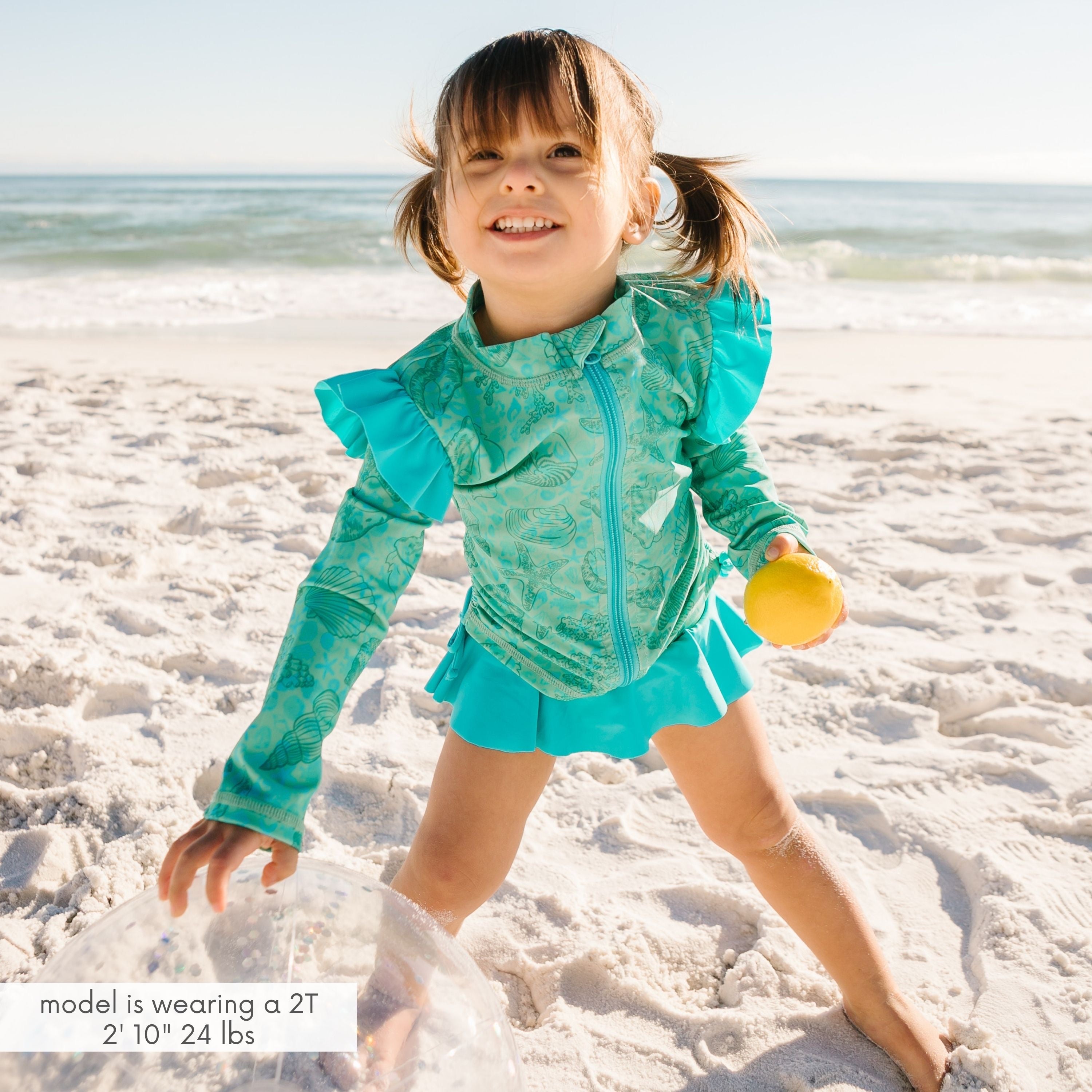 Girls Long Sleeve Rash Guard Ruffle Bottom Swimsuit Set (2 Piece) | "Seashell"-SwimZip UPF 50+ Sun Protective Swimwear & UV Zipper Rash Guards-pos2