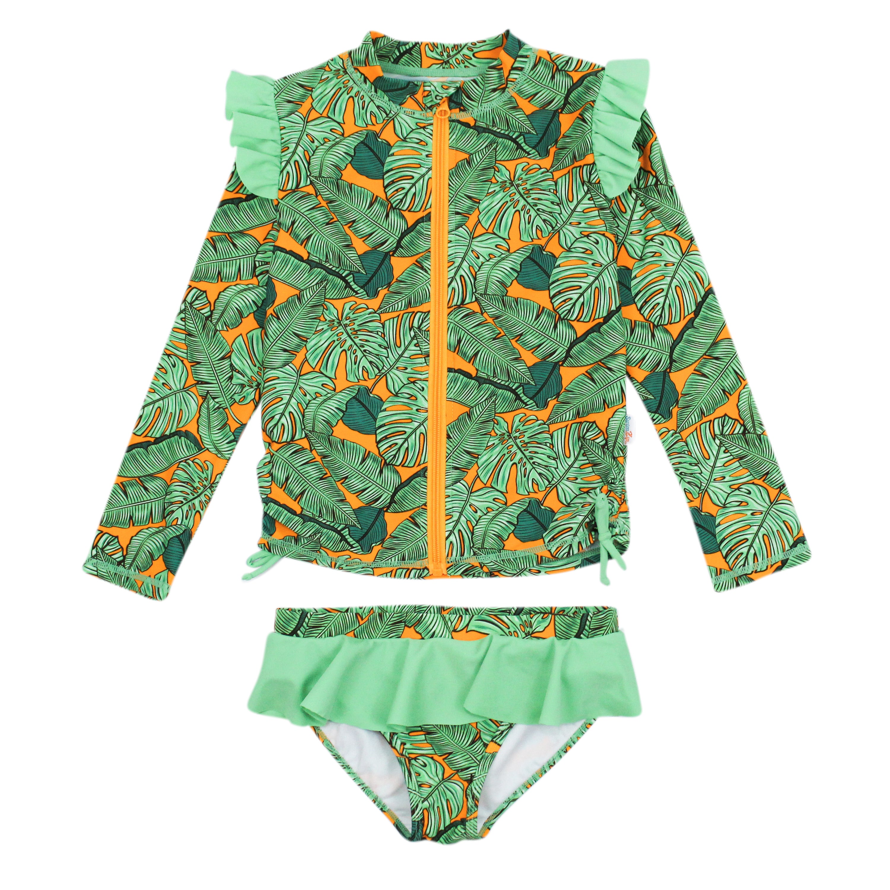Girls Long Sleeve Rash Guard Ruffle Bottom Swimsuit Set (2 Piece) | "The Tropics"-SwimZip UPF 50+ Sun Protective Swimwear & UV Zipper Rash Guards-pos1