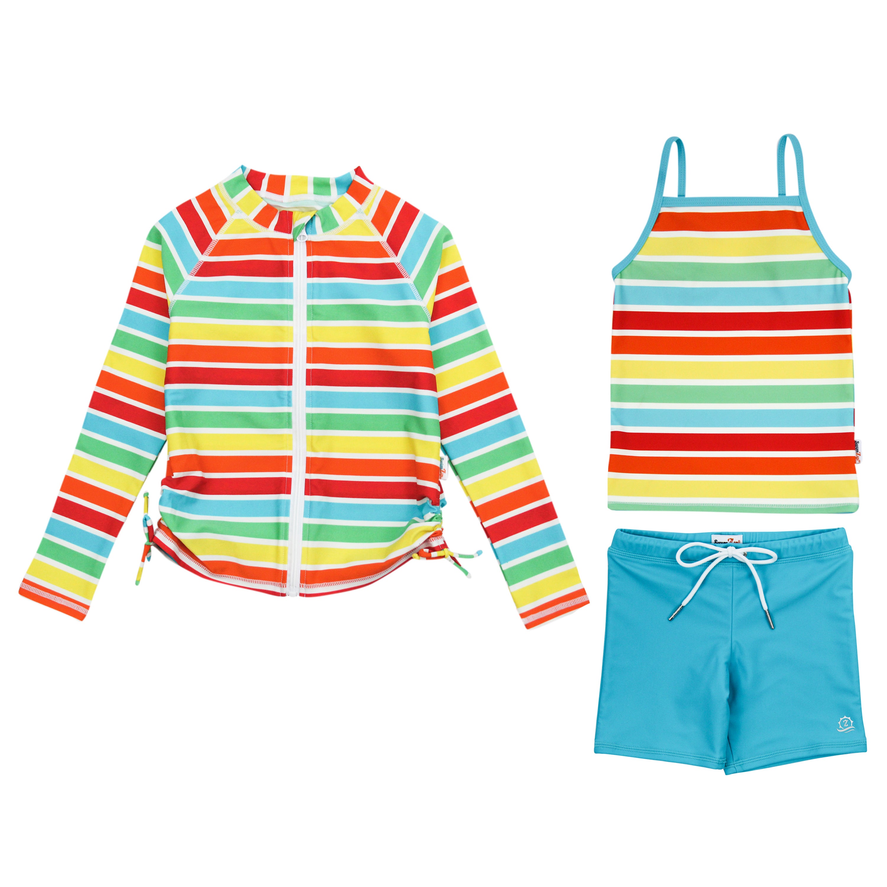 Girls Long Sleeve Rash Guard + Tankini Shorts Set (3 Piece) | "Rainbow"-6-12 Month-Rainbow-SwimZip UPF 50+ Sun Protective Swimwear & UV Zipper Rash Guards-pos1