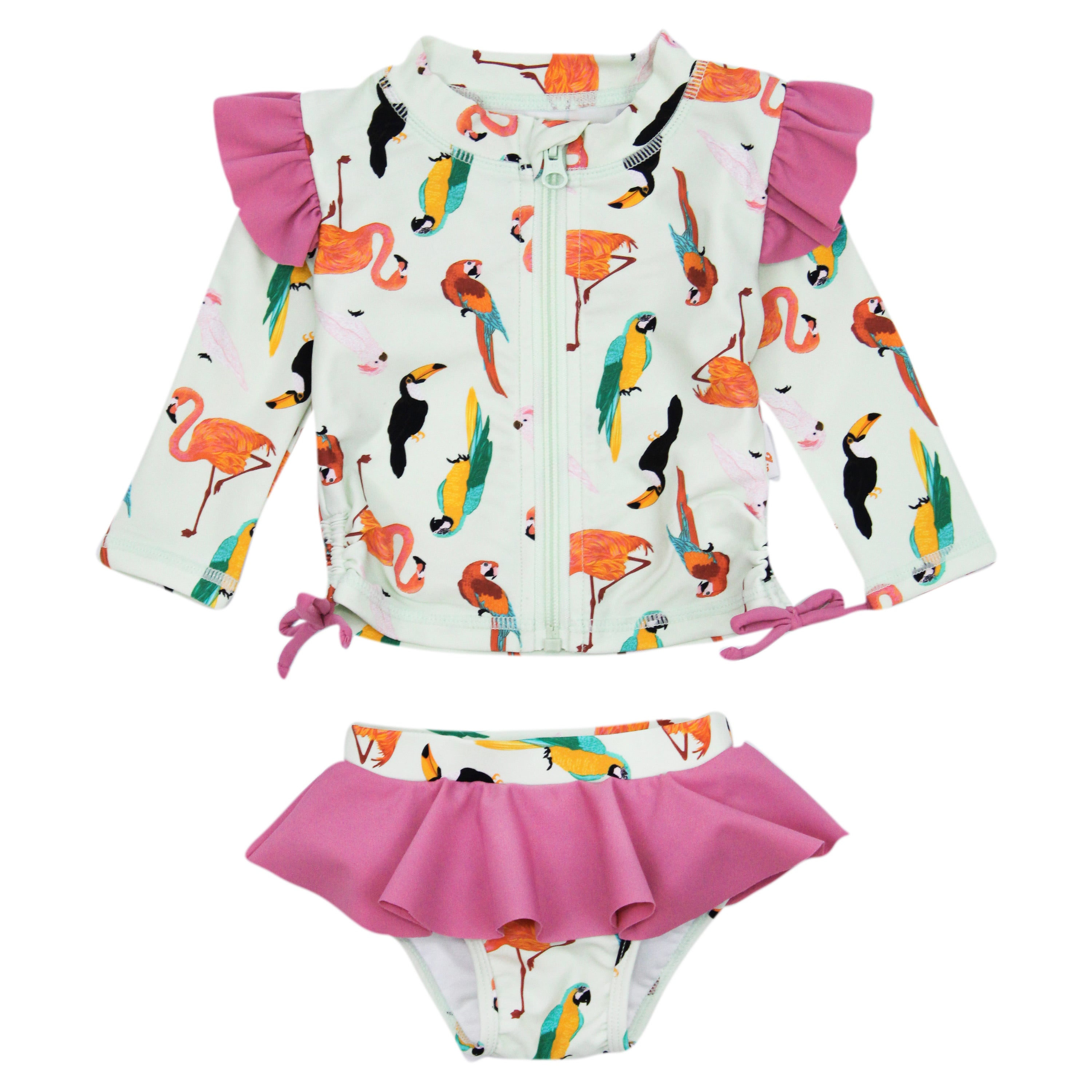 Girls Long Sleeve Rash Guard Ruffle Bottom Swimsuit Set (2 Piece) | "Tropical Birds"-0-3 Month-Tropical Birds-SwimZip UPF 50+ Sun Protective Swimwear & UV Zipper Rash Guards-pos1