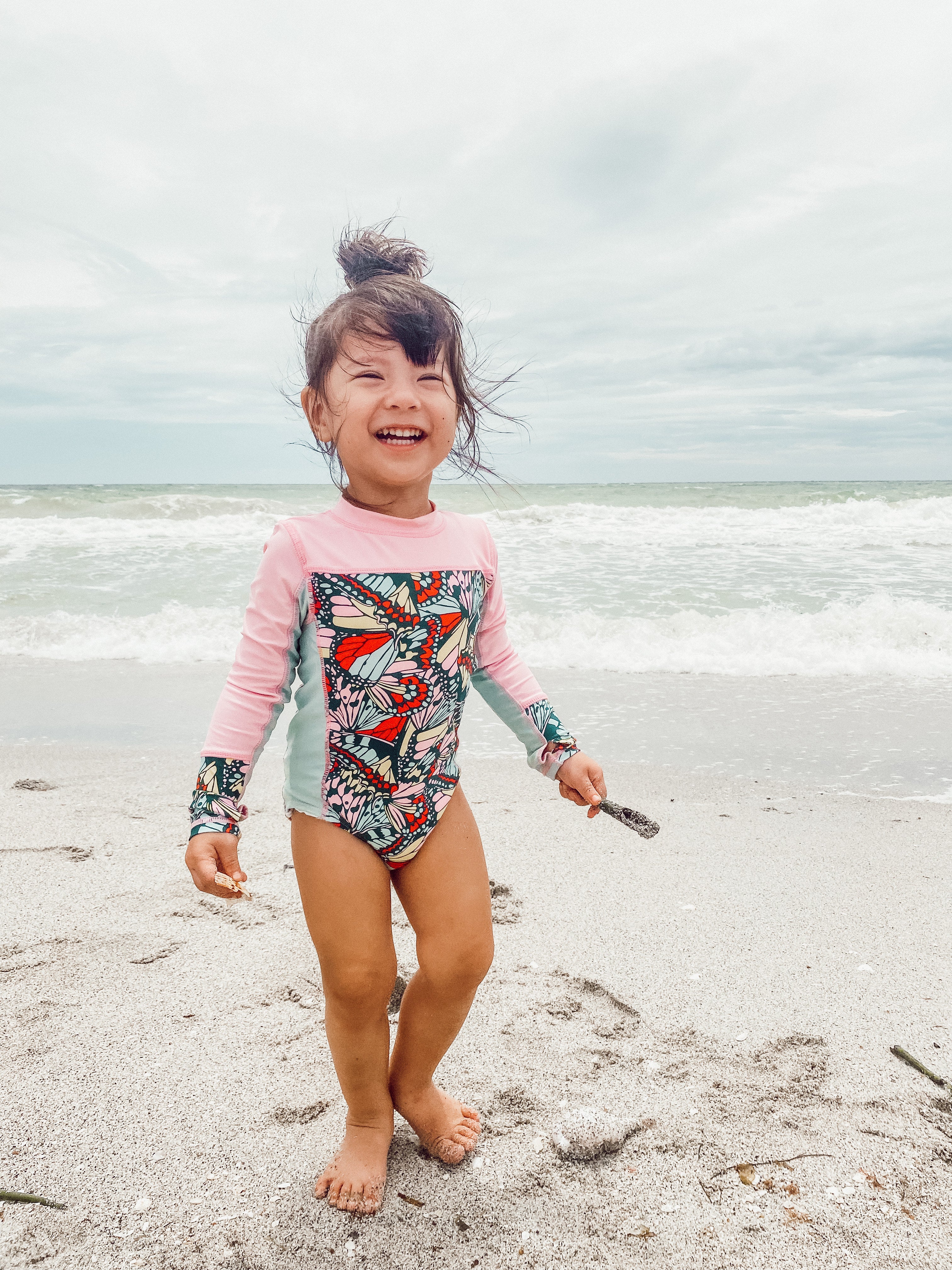 Girls Long Sleeve Surf Suit (One Piece Bodysuit) | "Butterfly Love"-SwimZip UPF 50+ Sun Protective Swimwear & UV Zipper Rash Guards-pos2