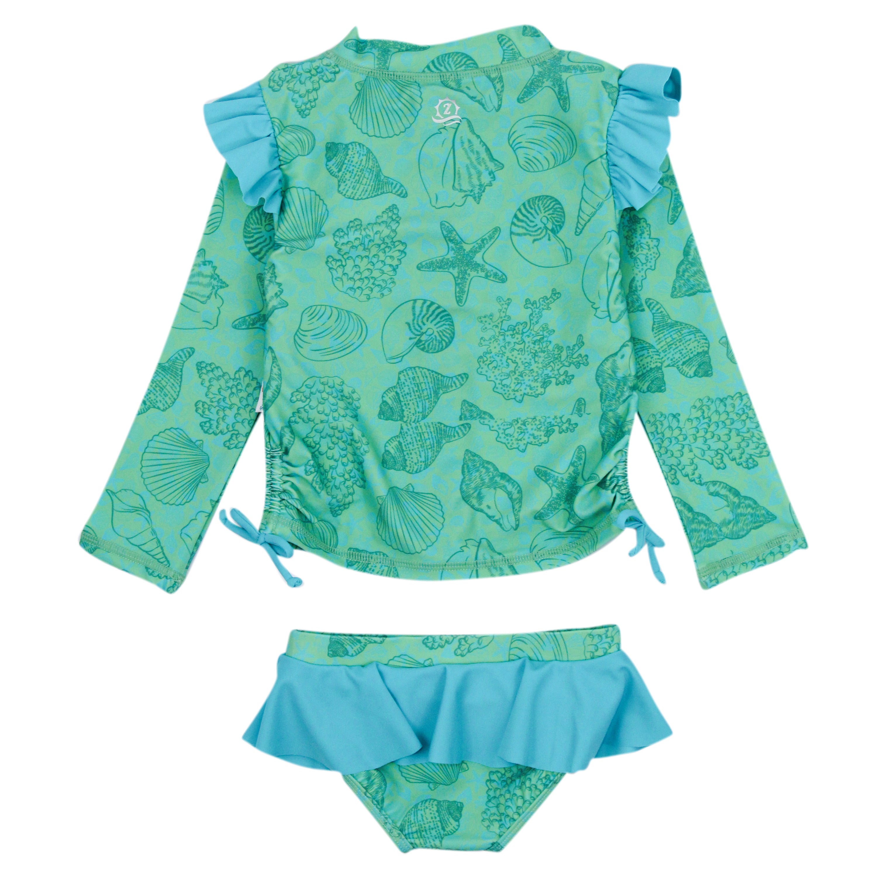 Girls Long Sleeve Rash Guard Ruffle Bottom Swimsuit Set (2 Piece) | "Seashell"-SwimZip UPF 50+ Sun Protective Swimwear & UV Zipper Rash Guards-pos9
