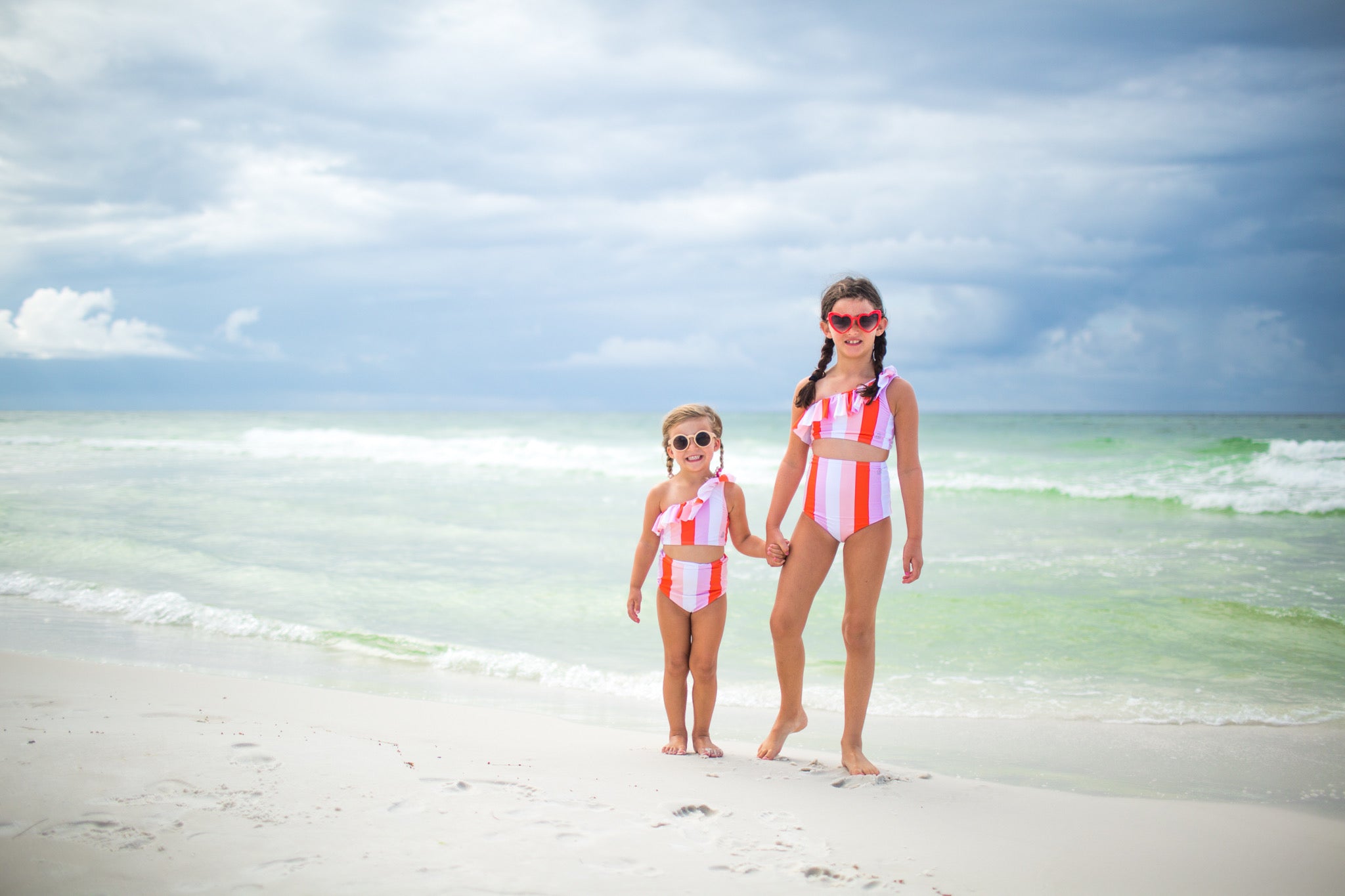 Girls Bikini One-Shoulder + High Waist Bottom Swimsuit Set (2 Piece) - "Peachy Stripes"-SwimZip UPF 50+ Sun Protective Swimwear & UV Zipper Rash Guards-pos3