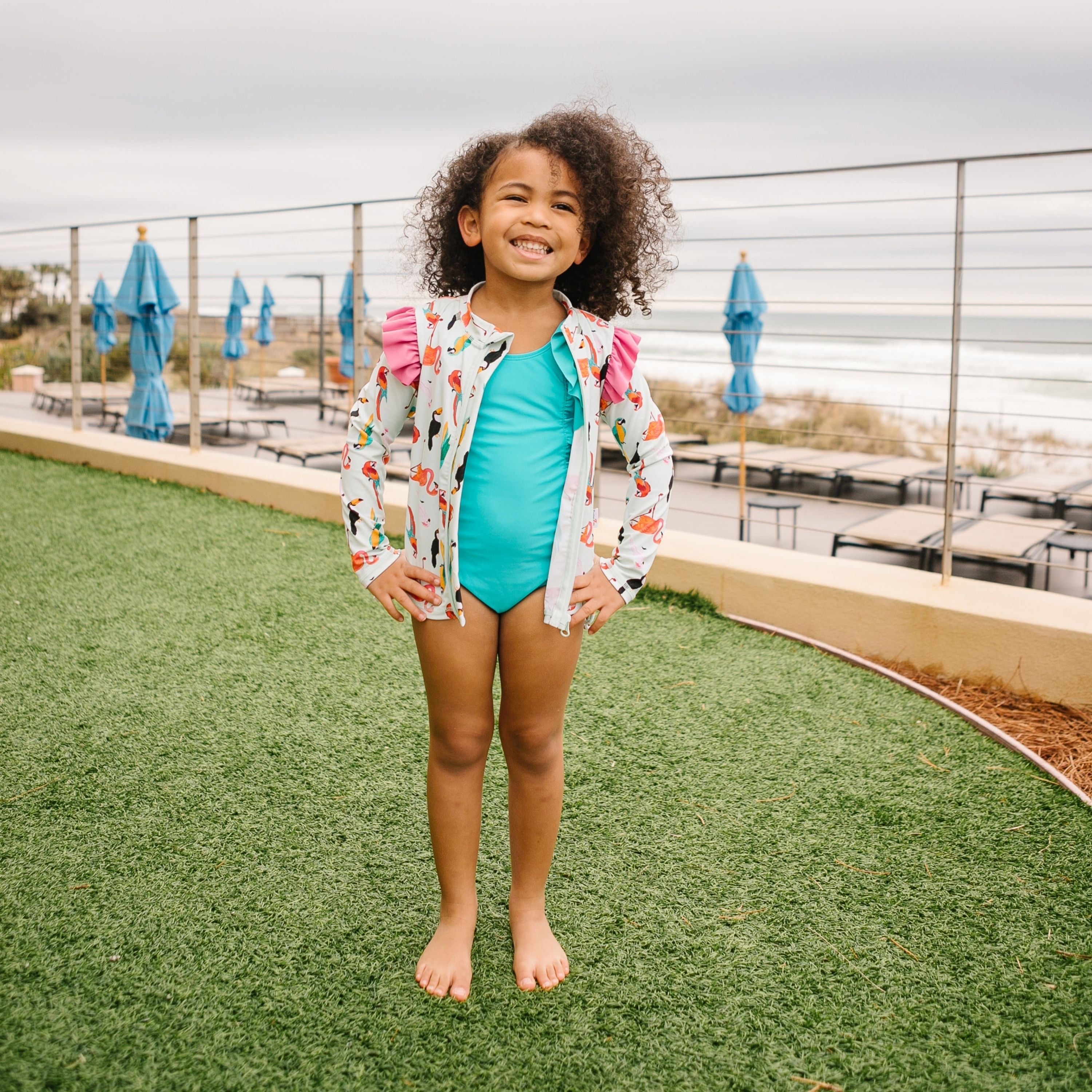 Girls Ruffle One-Piece Swimsuit | "Too Sweet" Scuba Blue-SwimZip UPF 50+ Sun Protective Swimwear & UV Zipper Rash Guards-pos5