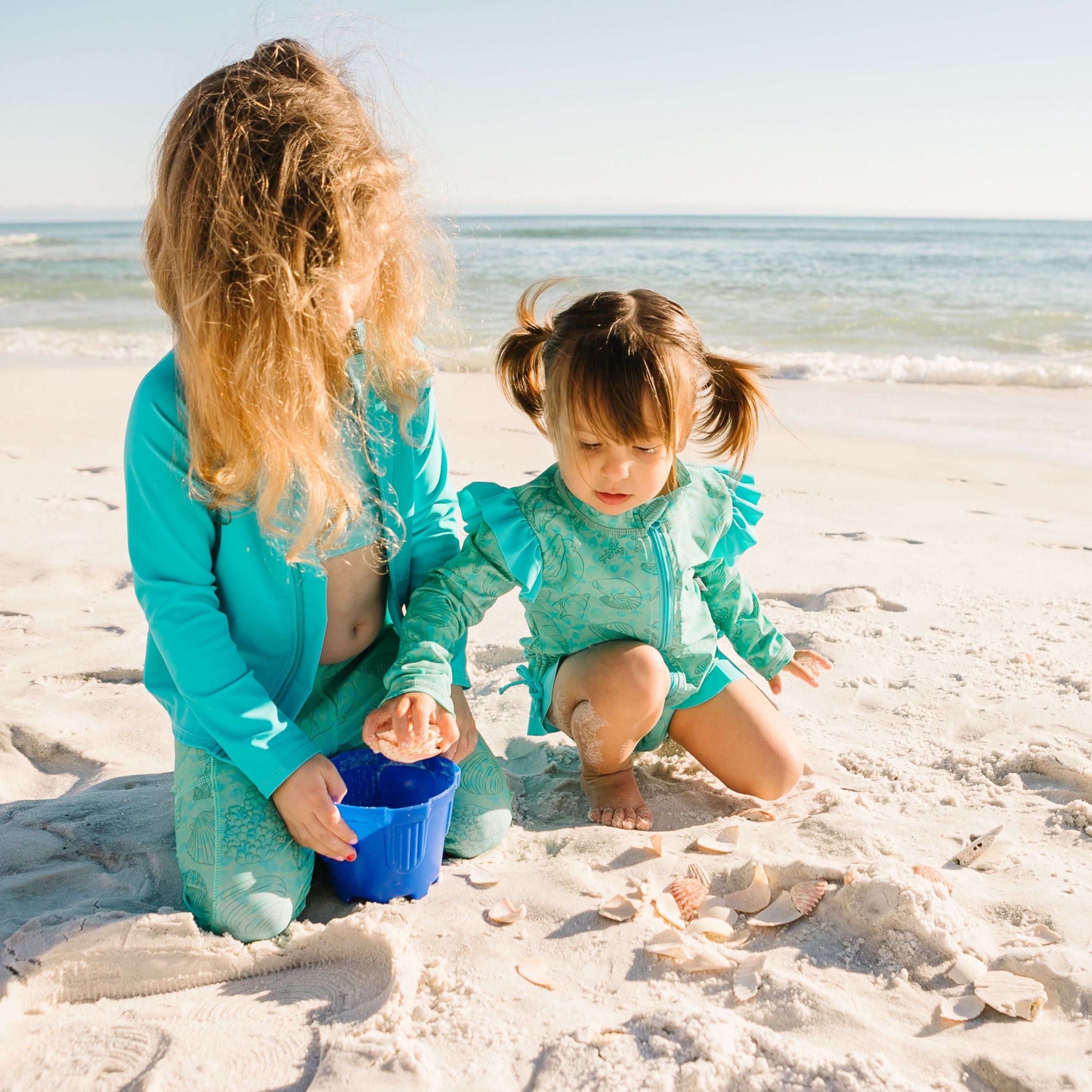 Girls Long Sleeve Rash Guard Ruffle Bottom Swimsuit Set (2 Piece) | "Seashell"-SwimZip UPF 50+ Sun Protective Swimwear & UV Zipper Rash Guards-pos8
