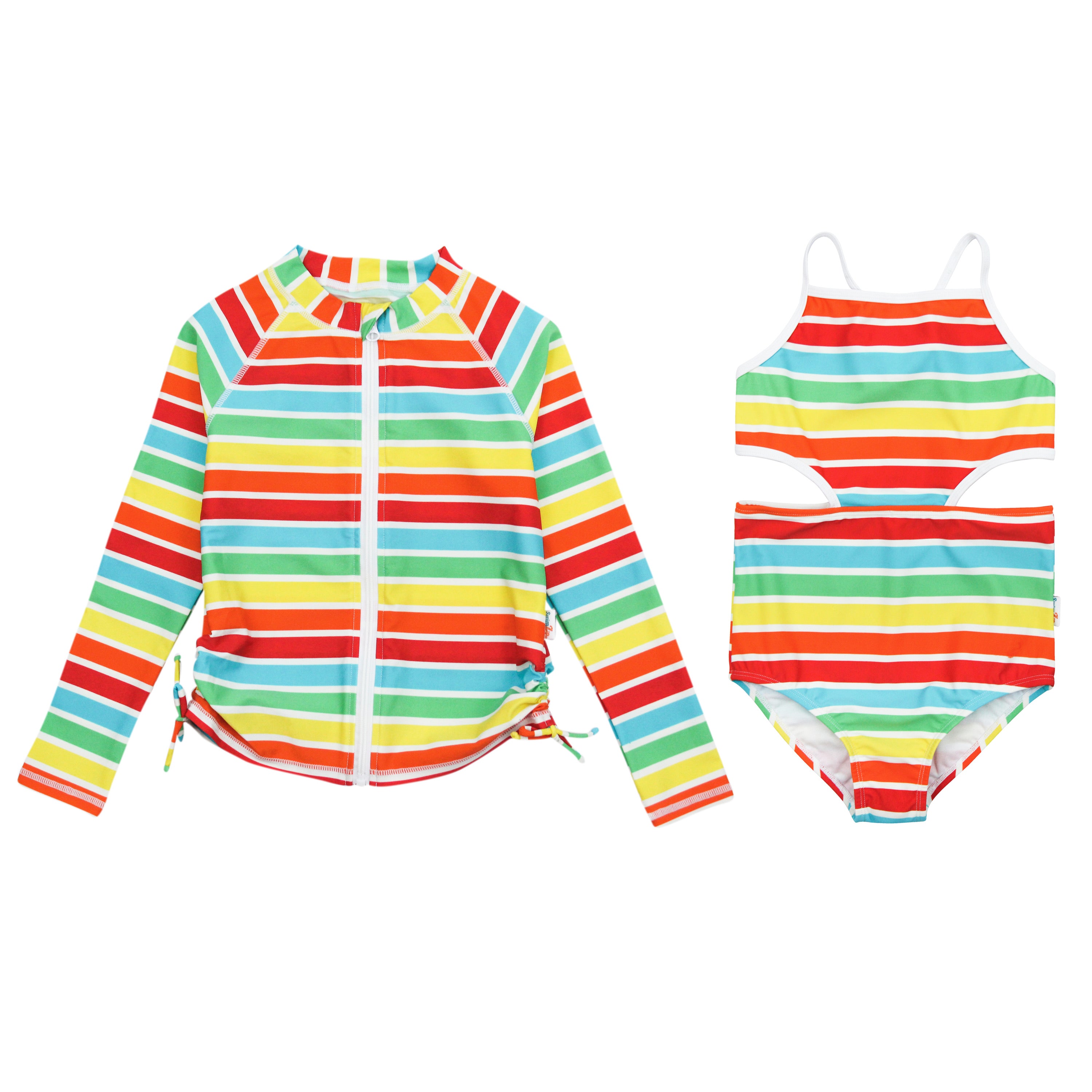 Girls One-Piece Cut Out Swimsuit + Long Sleeve Rash Guard Set (2 Piece) - "Rainbow"-6-12 Month-Rainbow-SwimZip UPF 50+ Sun Protective Swimwear & UV Zipper Rash Guards-pos1