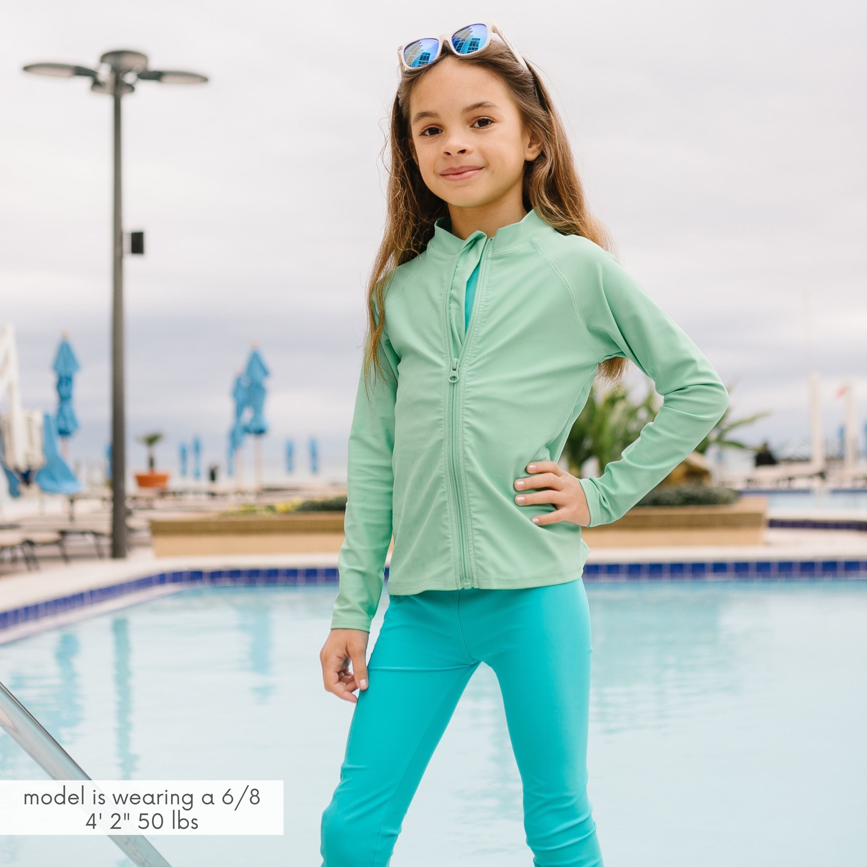 Kids UPF 50+ Long Sleeve Zipper Rash Guard Swim Shirt | "Light Jade"-SwimZip UPF 50+ Sun Protective Swimwear & UV Zipper Rash Guards-pos12