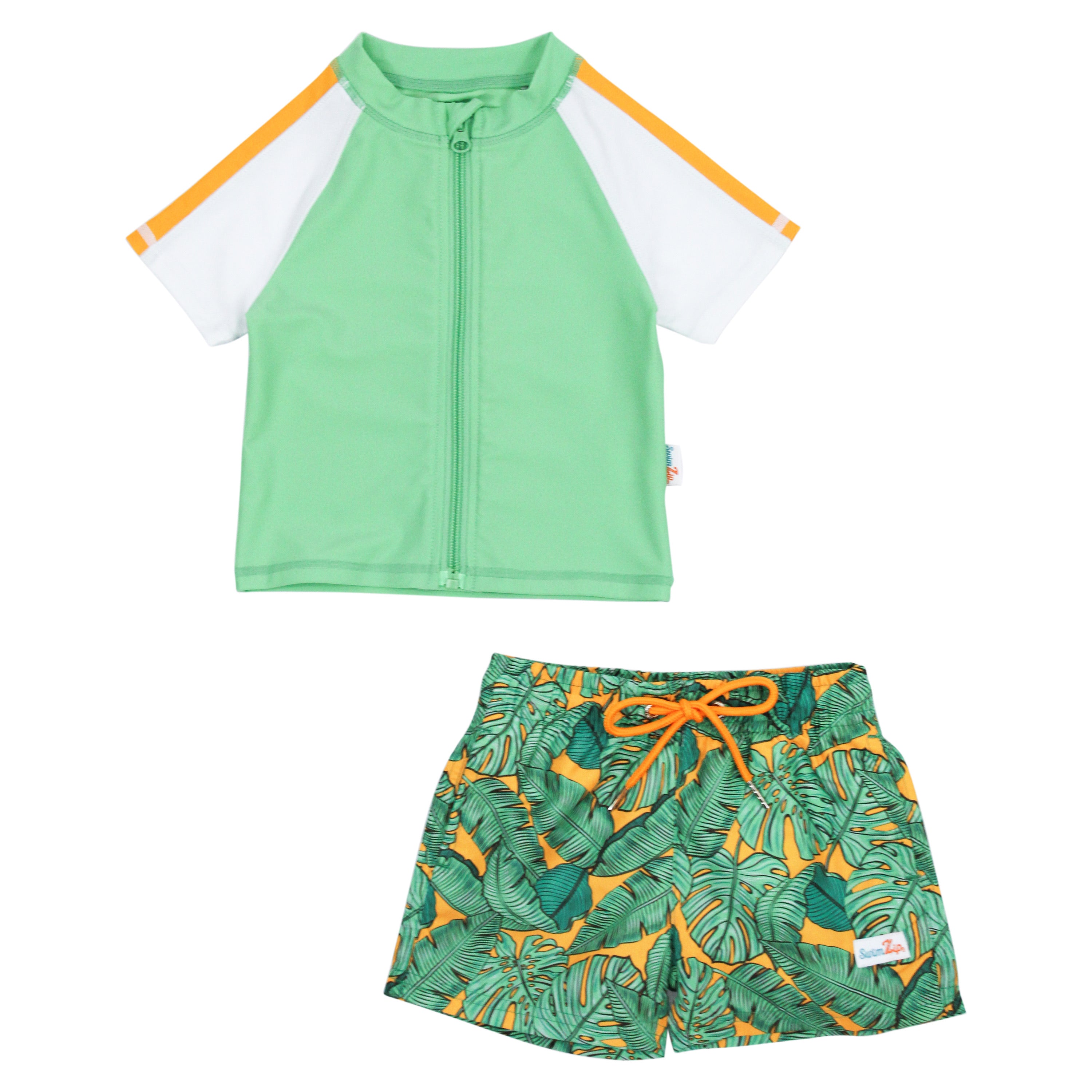 Boys Short Sleeve Zipper Rash Guard and Swim Trunk Set | "The Tropics"-6-12 Month-The Tropics-SwimZip UPF 50+ Sun Protective Swimwear & UV Zipper Rash Guards-pos1