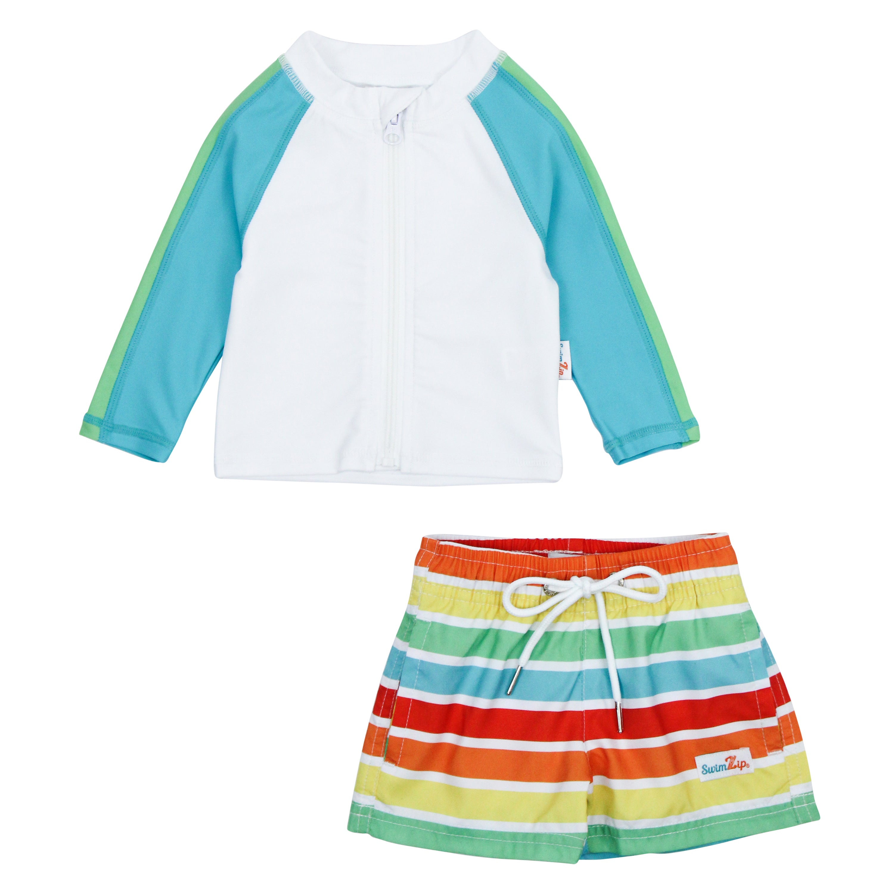 Boys Long Sleeve Zipper Rash Guard and Swim Trunk Set | "Rainbow"-0-3 Month-Rainbow-SwimZip UPF 50+ Sun Protective Swimwear & UV Zipper Rash Guards-pos1