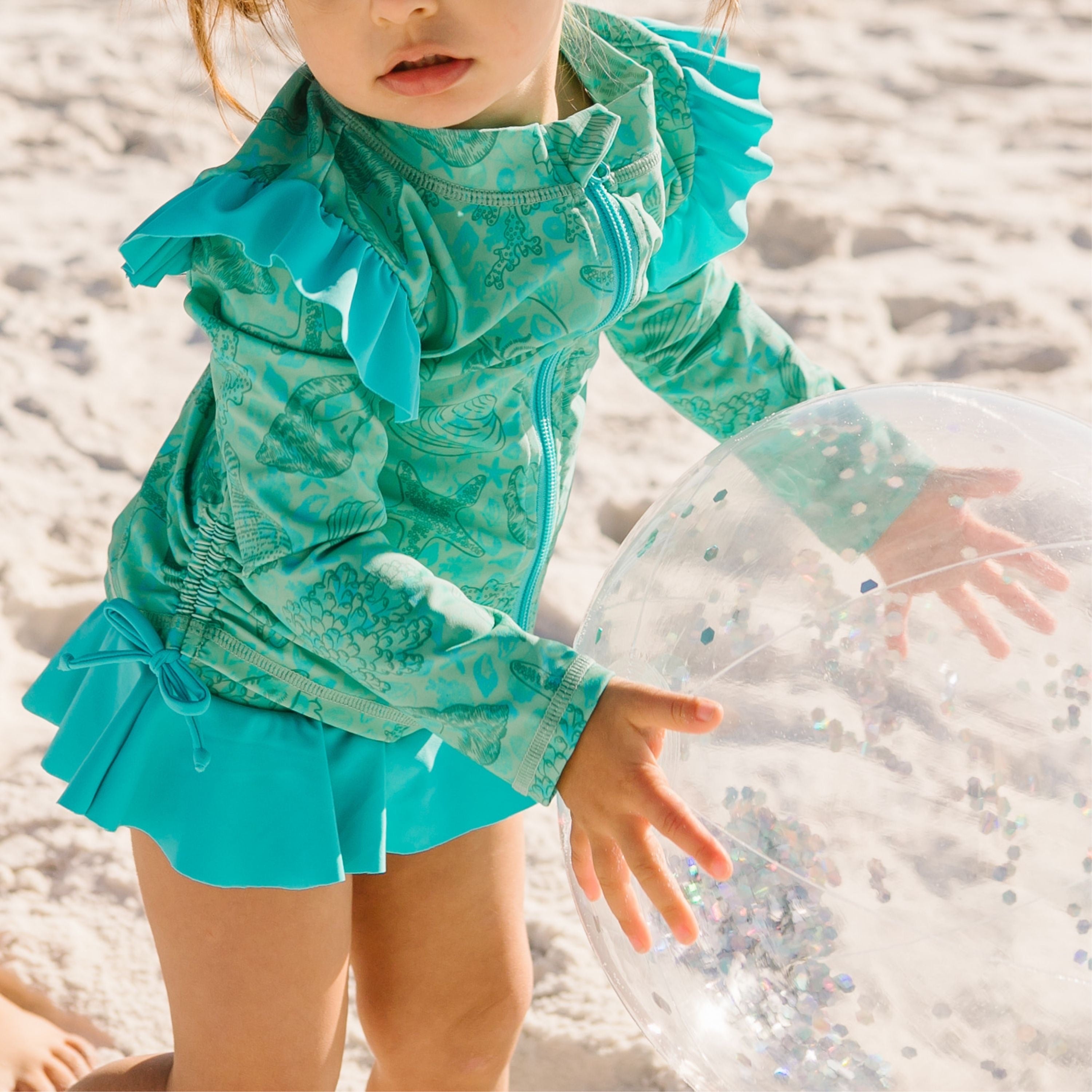 Girls Long Sleeve Rash Guard Ruffle Bottom Swimsuit Set (2 Piece) | "Seashell"-SwimZip UPF 50+ Sun Protective Swimwear & UV Zipper Rash Guards-pos3