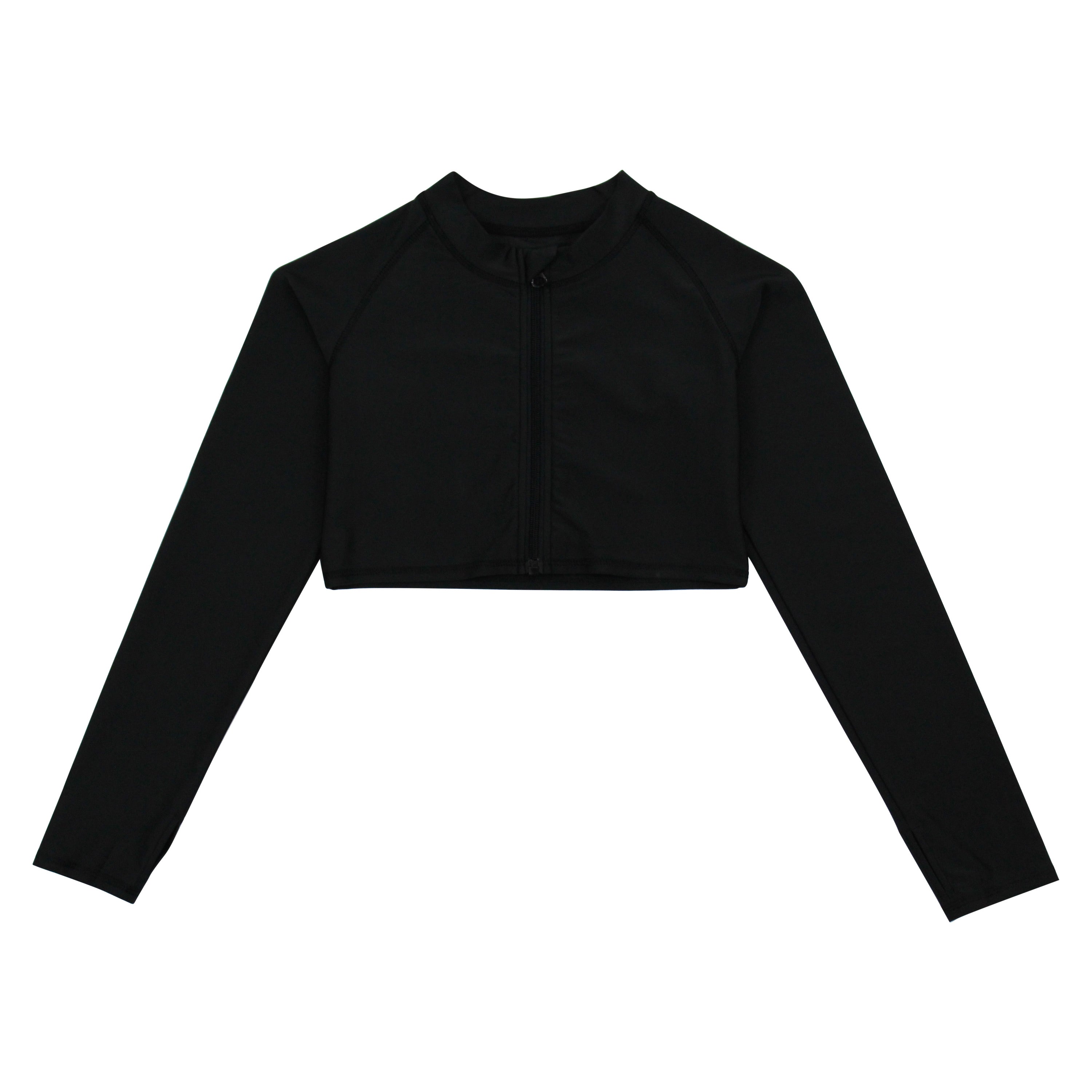 Girls Long Sleeve Crop Rash Guard | "Black"-6-8-Black-SwimZip UPF 50+ Sun Protective Swimwear & UV Zipper Rash Guards-pos1