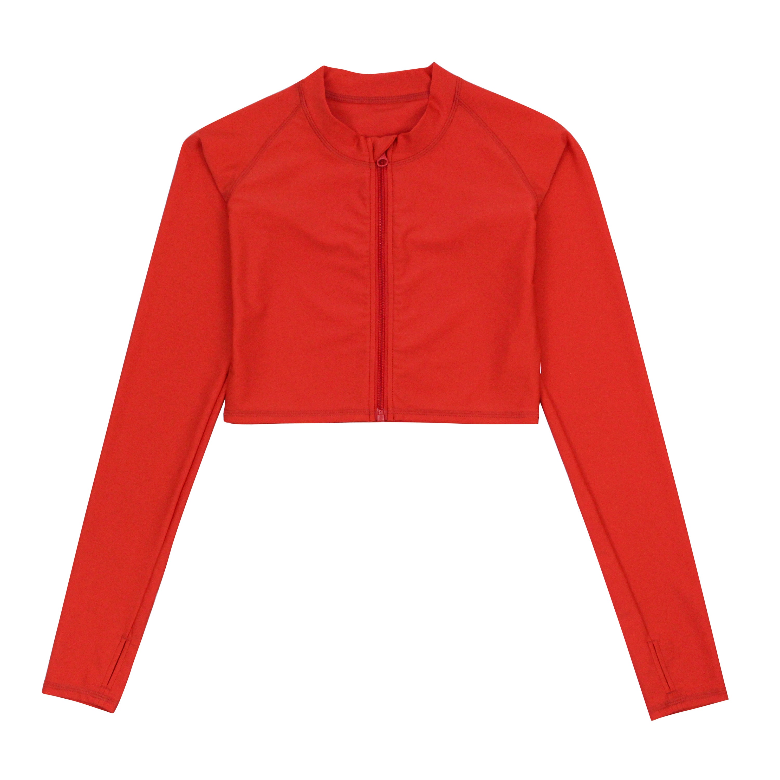 Women's Long Sleeve Crop Rash Guard | “Fiesta Red”-XS-Fiesta Red-SwimZip UPF 50+ Sun Protective Swimwear & UV Zipper Rash Guards-pos1