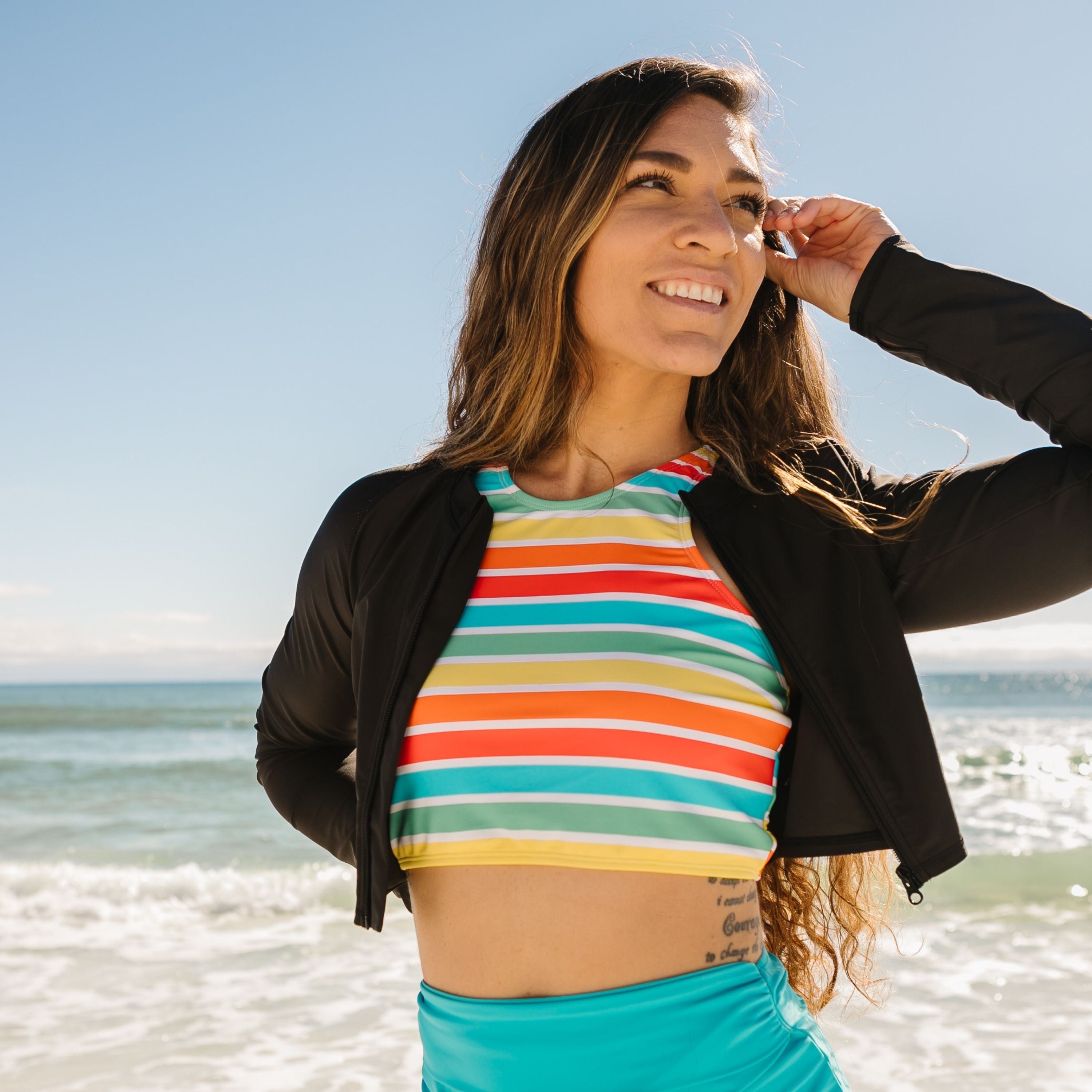 Women's Long Sleeve Crop Rash Guard | “Black”-SwimZip UPF 50+ Sun Protective Swimwear & UV Zipper Rash Guards-pos2