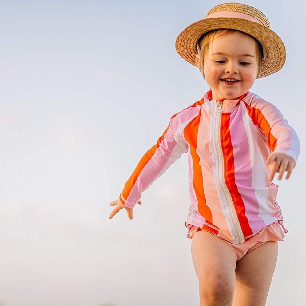 Girls Long Sleeve Rash Guard - “Peachy Stripes”-SwimZip UPF 50+ Sun Protective Swimwear & UV Zipper Rash Guards-pos2