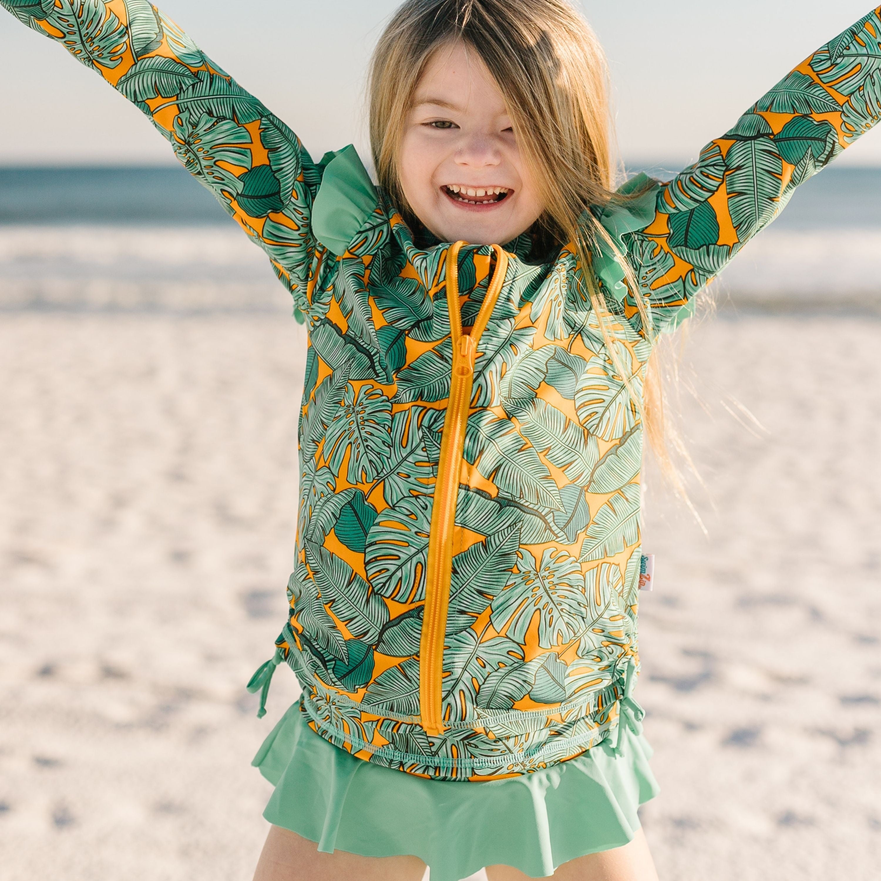 Girls Long Sleeve Rash Guard Ruffle Bottom Swimsuit Set (2 Piece) | "The Tropics"-SwimZip UPF 50+ Sun Protective Swimwear & UV Zipper Rash Guards-pos3