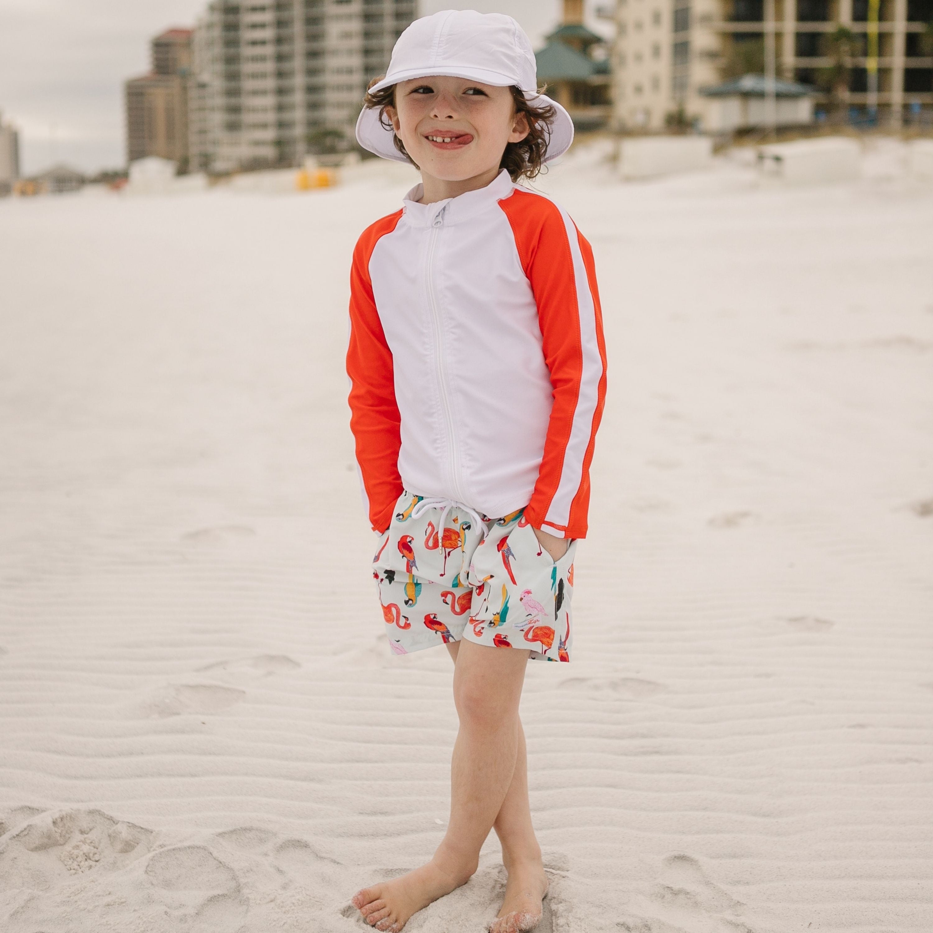 Boys Long Sleeve Zipper Rash Guard and Swim Trunk Set | "Tropical Birds”-SwimZip UPF 50+ Sun Protective Swimwear & UV Zipper Rash Guards-pos3