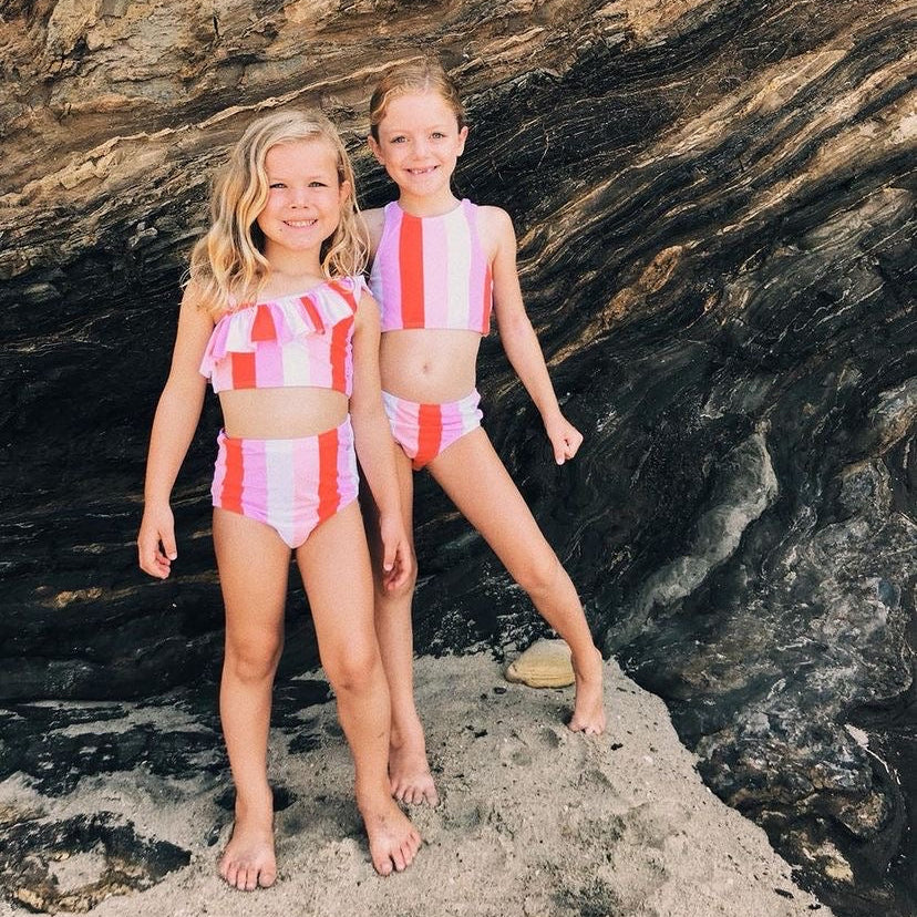 Girls Halter Top Bikini Set (2 Piece) | "Peachy Stripes"-SwimZip UPF 50+ Sun Protective Swimwear & UV Zipper Rash Guards-pos2
