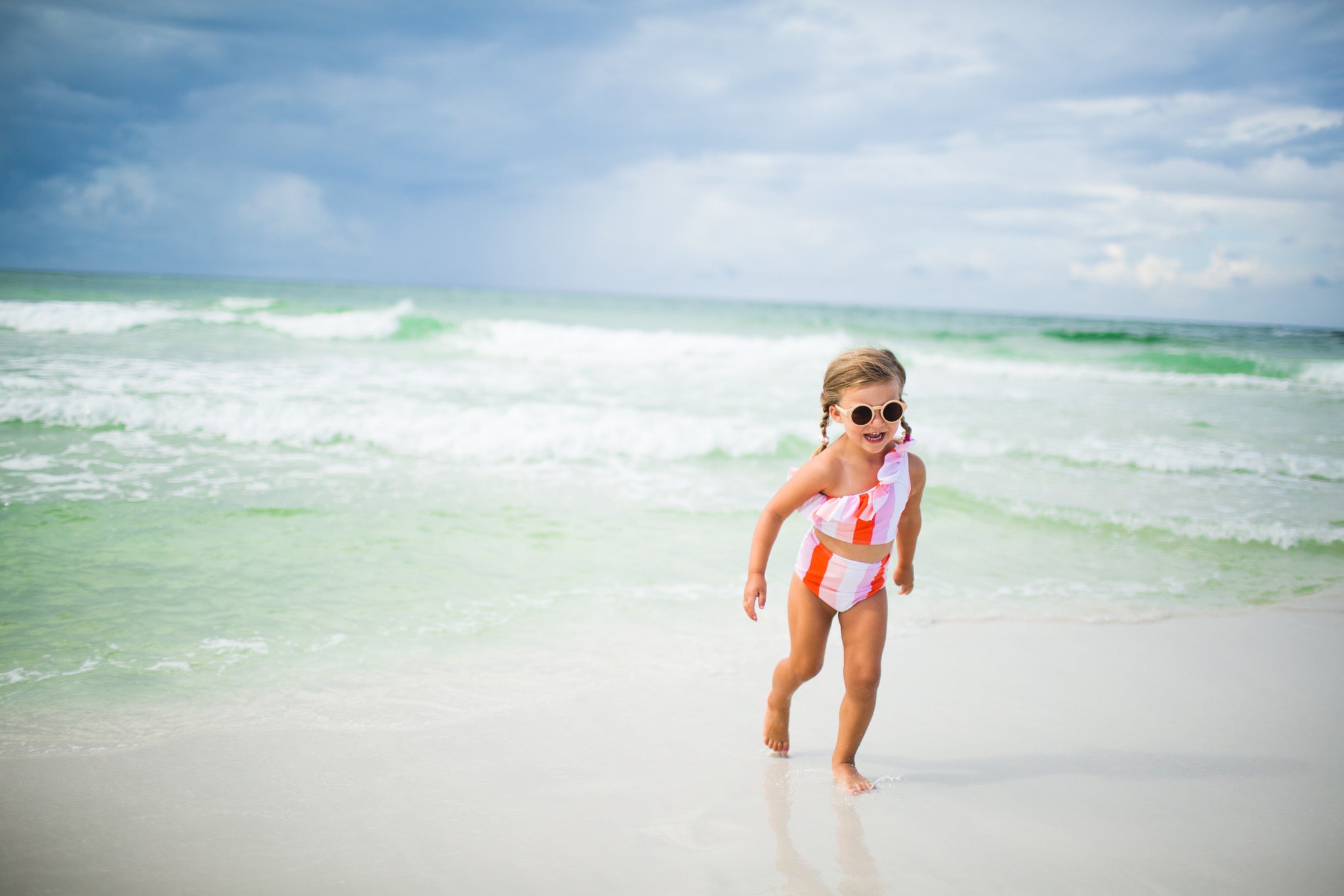 Girls Bikini One-Shoulder + High Waist Bottom Swimsuit Set (2 Piece) - "Peachy Stripes"-SwimZip UPF 50+ Sun Protective Swimwear & UV Zipper Rash Guards-pos5
