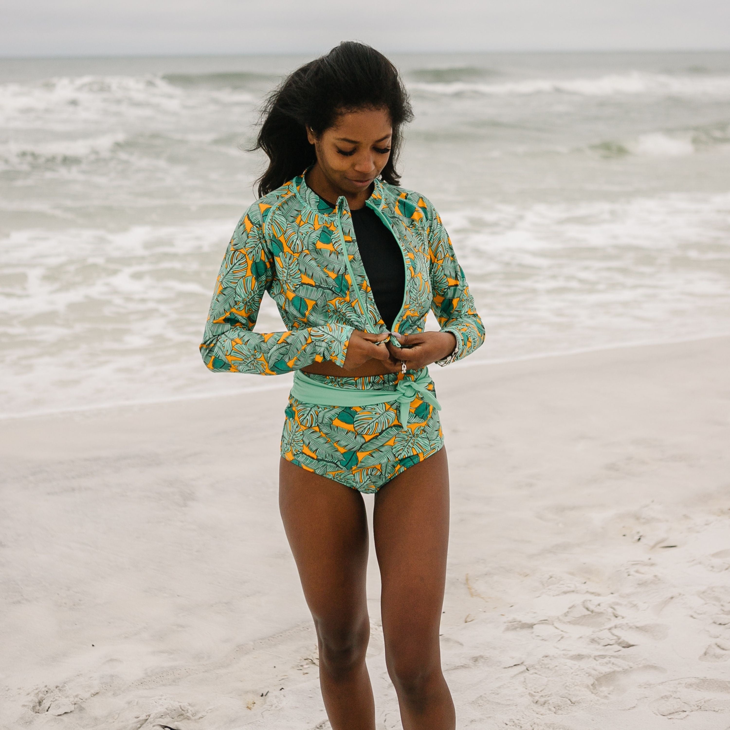 Women's Long Sleeve Crop Rash Guard | “The Tropics”-SwimZip UPF 50+ Sun Protective Swimwear & UV Zipper Rash Guards-pos2