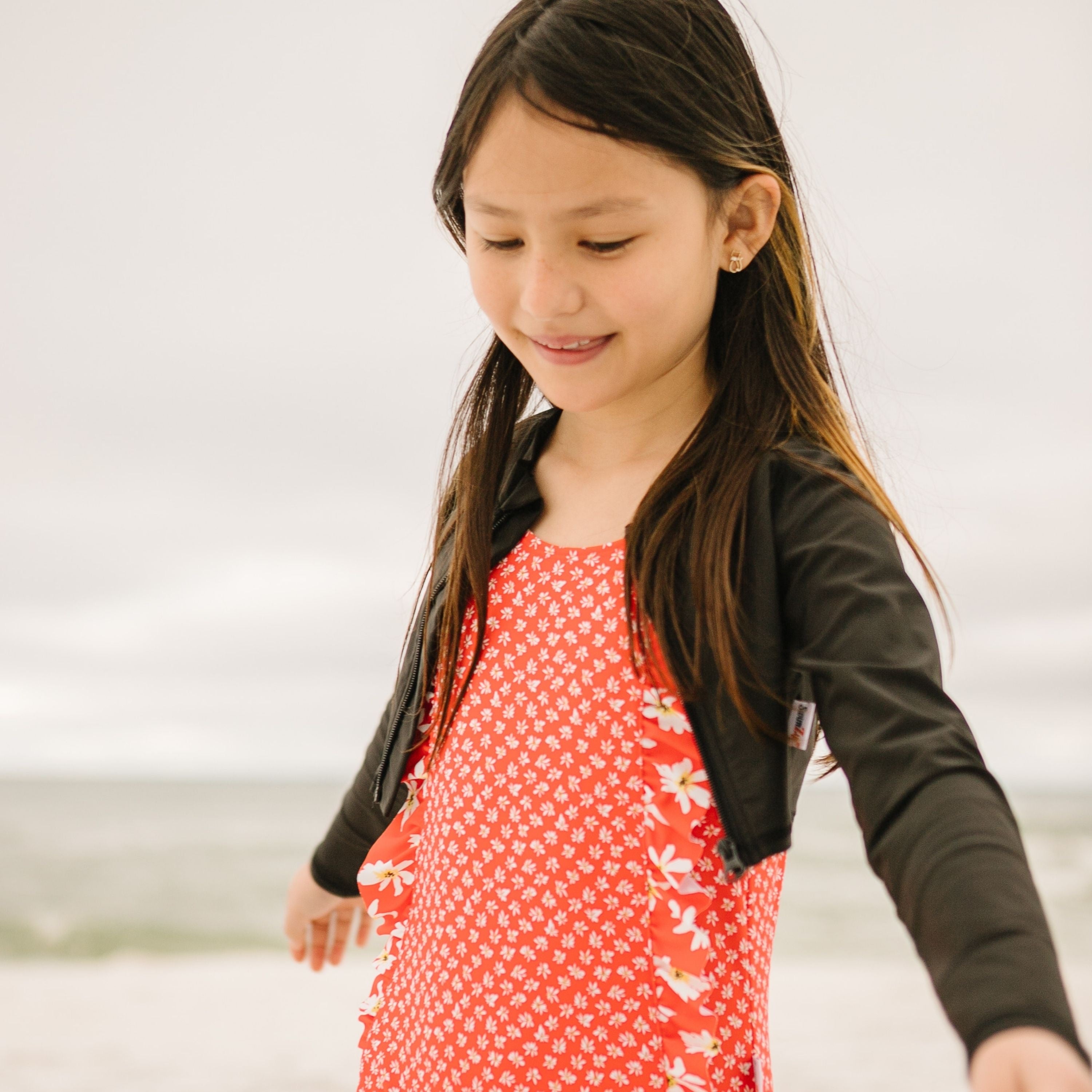Girls Ruffle One-Piece Swimsuit | "Too Sweet" Daisy-SwimZip UPF 50+ Sun Protective Swimwear & UV Zipper Rash Guards-pos12