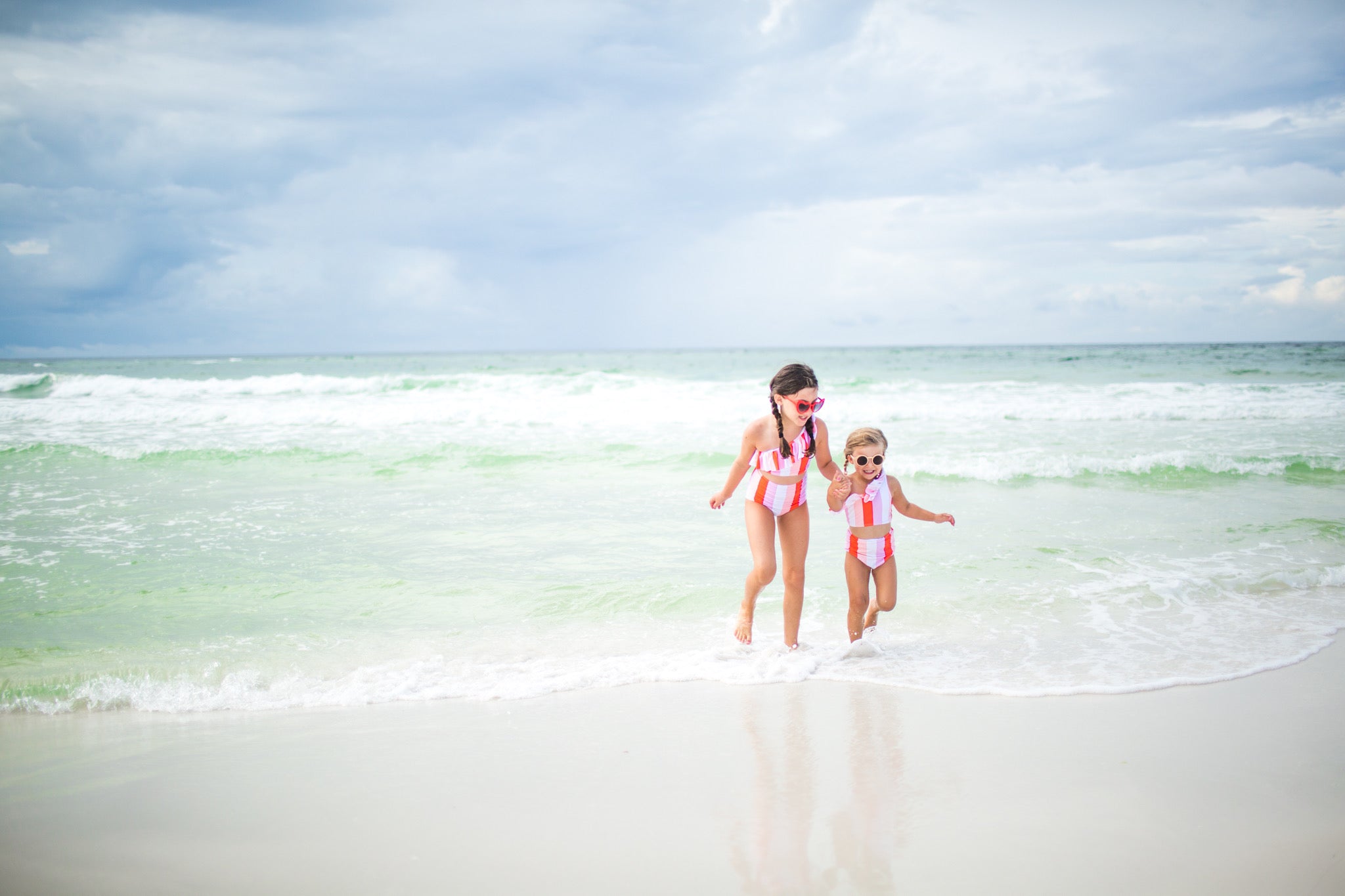 Girls Bikini One-Shoulder + High Waist Bottom Swimsuit Set (2 Piece) - "Peachy Stripes"-SwimZip UPF 50+ Sun Protective Swimwear & UV Zipper Rash Guards-pos7