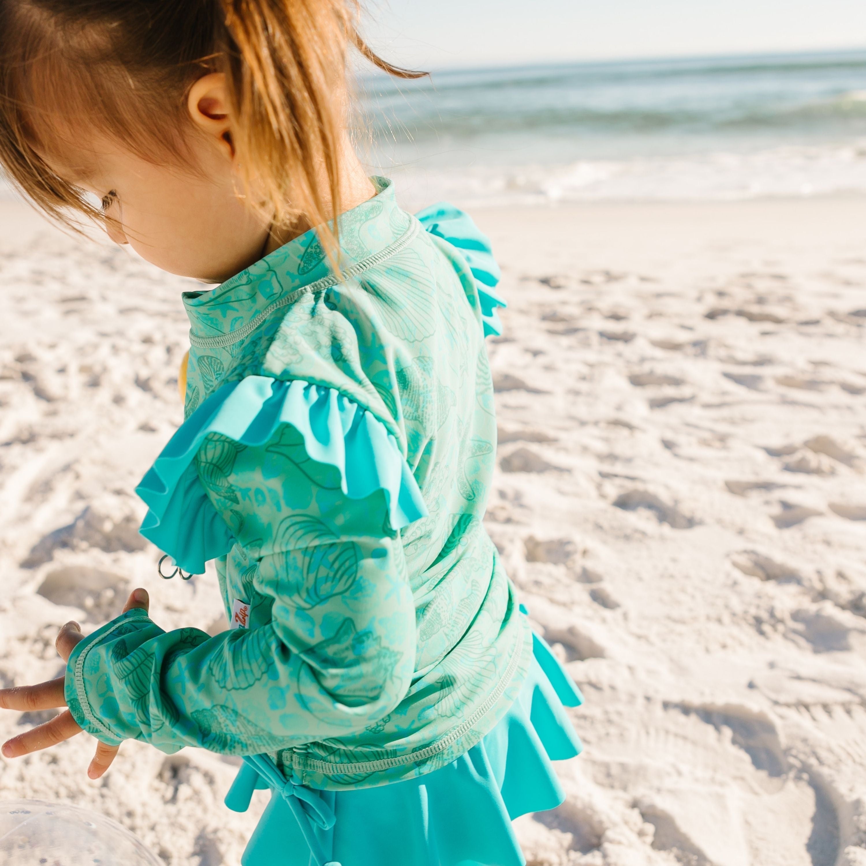 Girls Long Sleeve Rash Guard Ruffle Bottom Swimsuit Set (2 Piece) | "Seashell"-SwimZip UPF 50+ Sun Protective Swimwear & UV Zipper Rash Guards-pos5