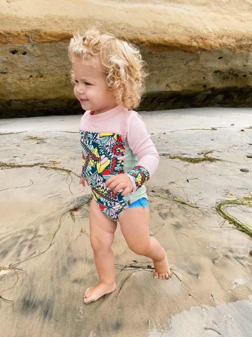 Girls Long Sleeve Surf Suit (One Piece Bodysuit) | "Butterfly Love"-SwimZip UPF 50+ Sun Protective Swimwear & UV Zipper Rash Guards-pos3