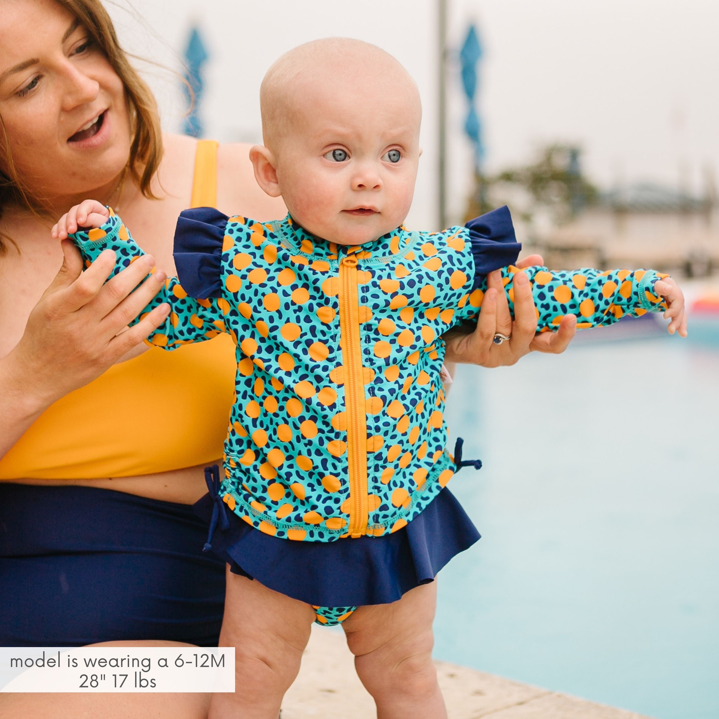 Girls Long Sleeve Rash Guard Ruffle Bottom Swimsuit Set (2 Piece) | "Geo Party"-SwimZip UPF 50+ Sun Protective Swimwear & UV Zipper Rash Guards-pos2