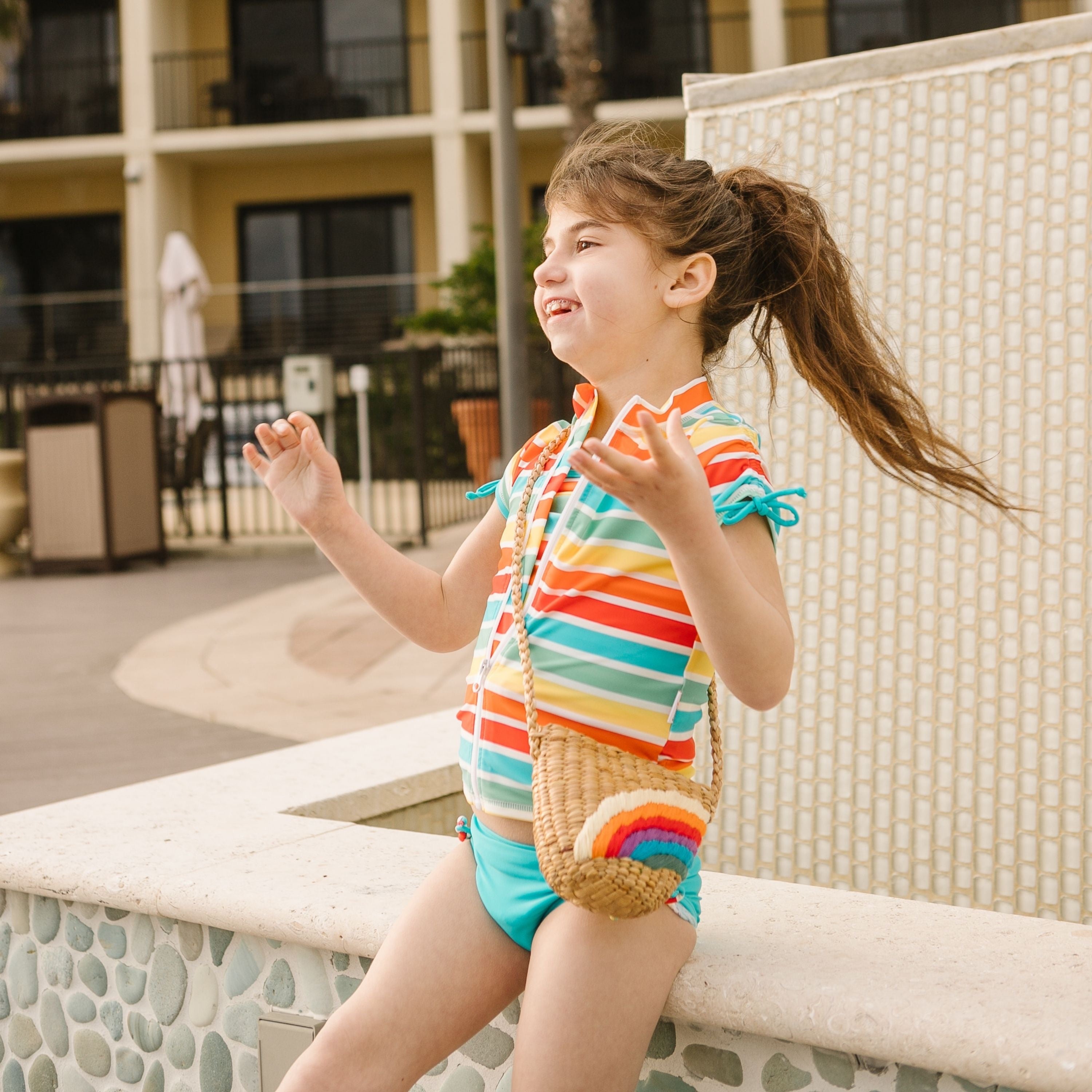 Girls Short Sleeve Rash Guard + Tankini Bikini Set (3 Piece) | "Rainbow”-SwimZip UPF 50+ Sun Protective Swimwear & UV Zipper Rash Guards-pos2