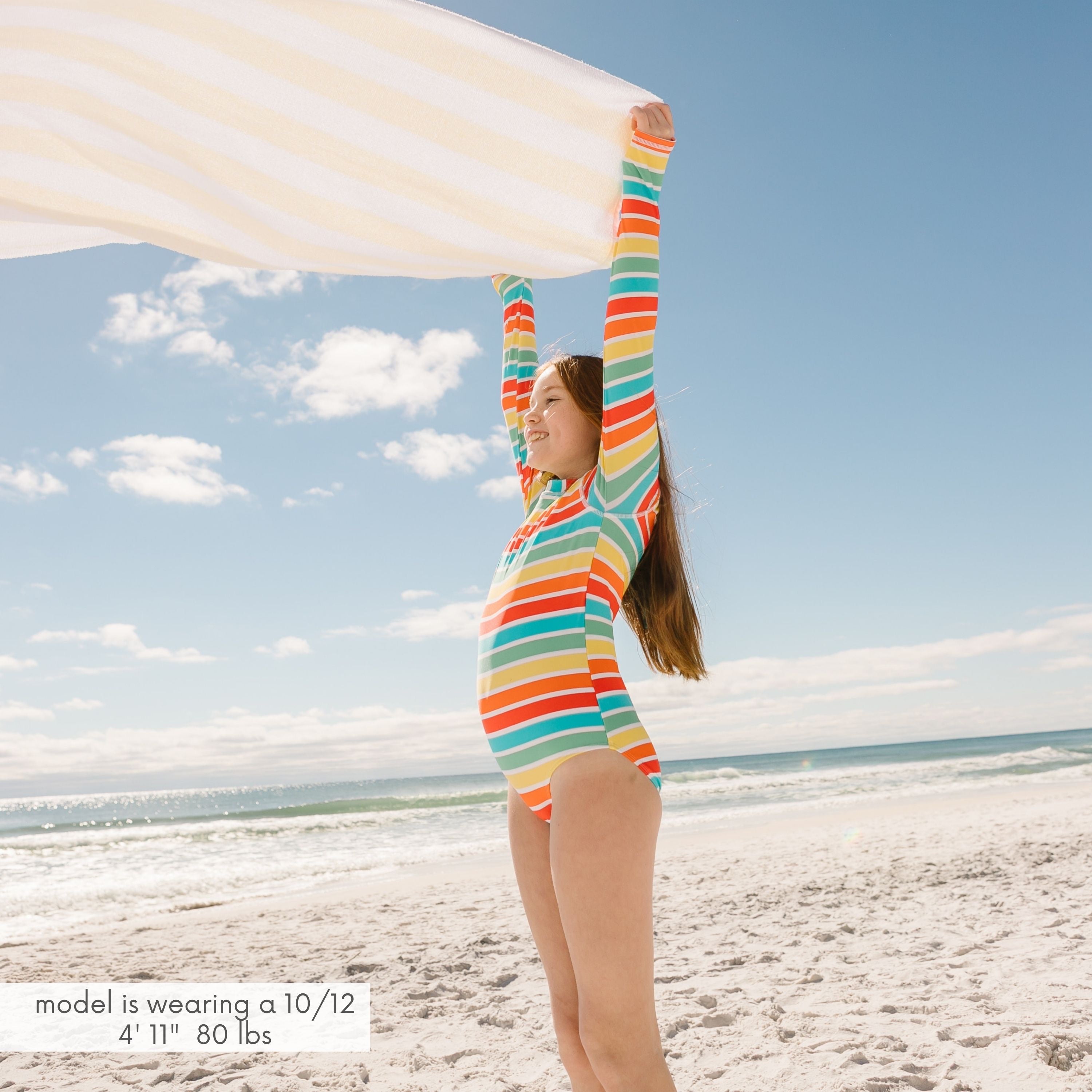 Girls Long Sleeve Surf Suit (One Piece Bodysuit) | "Rainbow"-SwimZip UPF 50+ Sun Protective Swimwear & UV Zipper Rash Guards-pos2