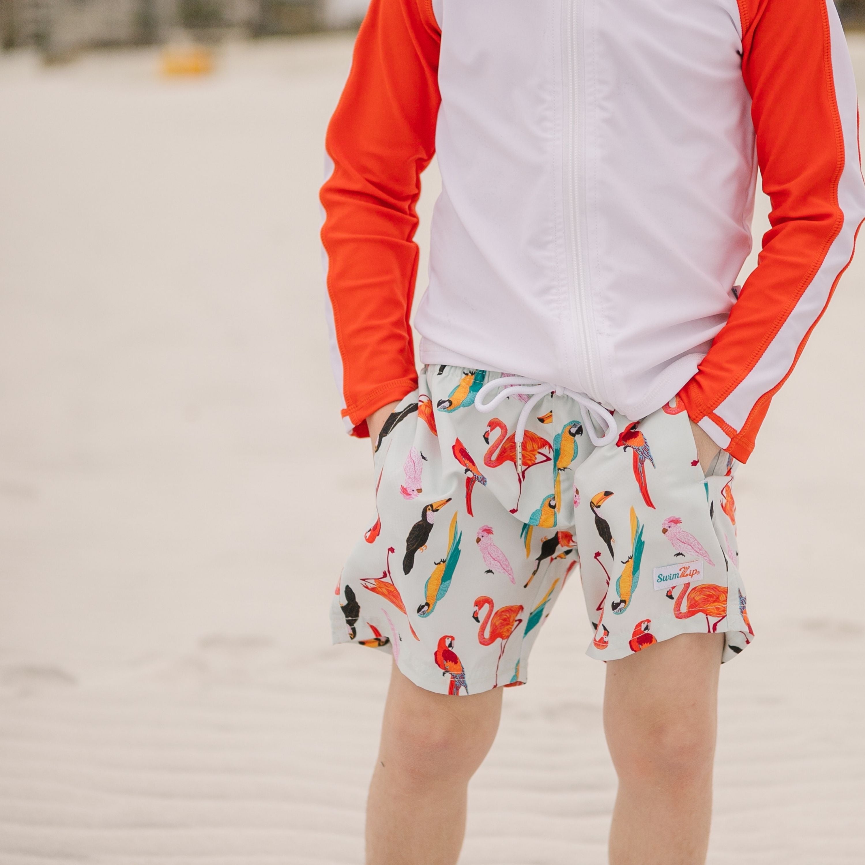 Boys Long Sleeve Zipper Rash Guard and Swim Trunk Set | "Tropical Birds”-SwimZip UPF 50+ Sun Protective Swimwear & UV Zipper Rash Guards-pos4