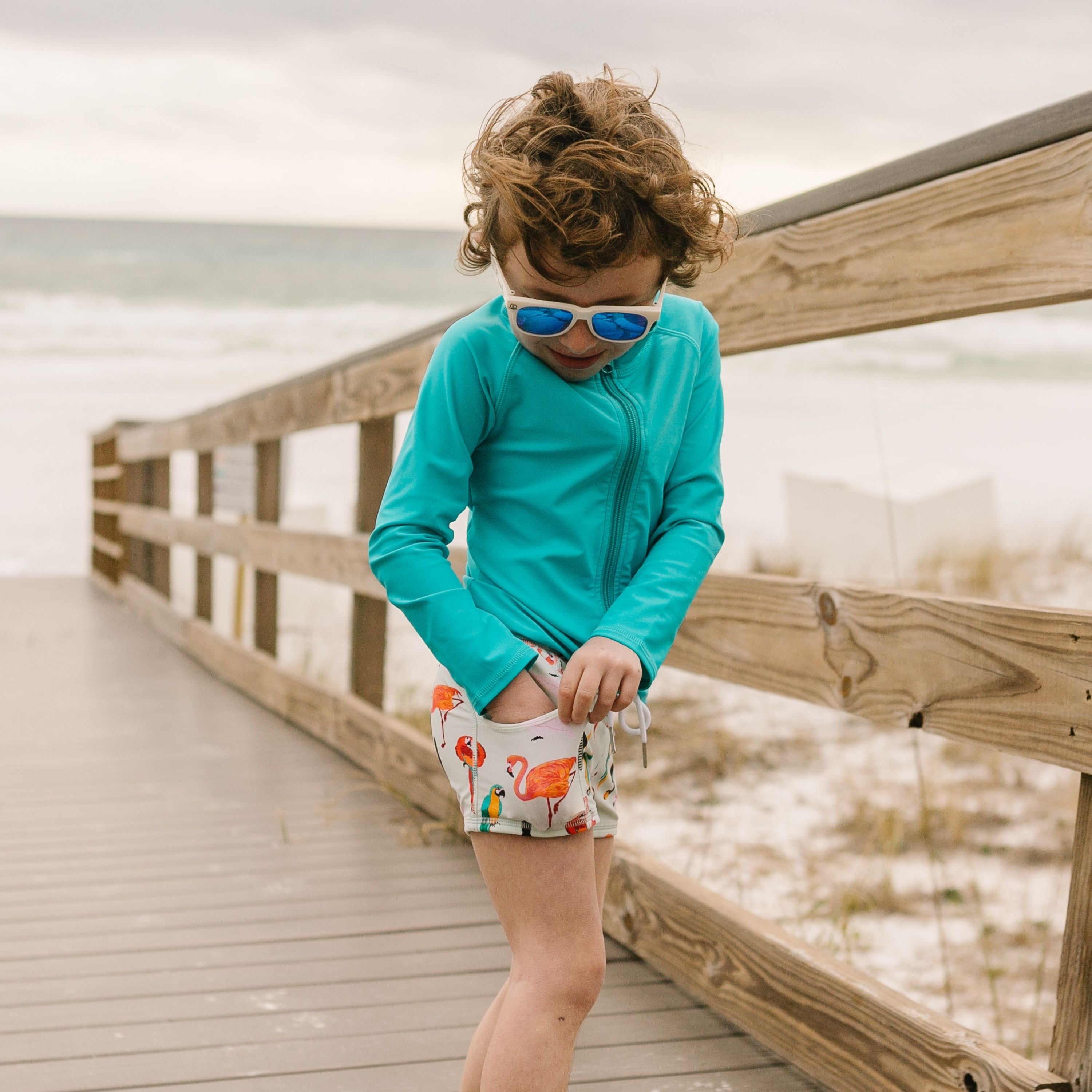 Kids Euro Swim Shorties | "Tropical Birds"-SwimZip UPF 50+ Sun Protective Swimwear & UV Zipper Rash Guards-pos3