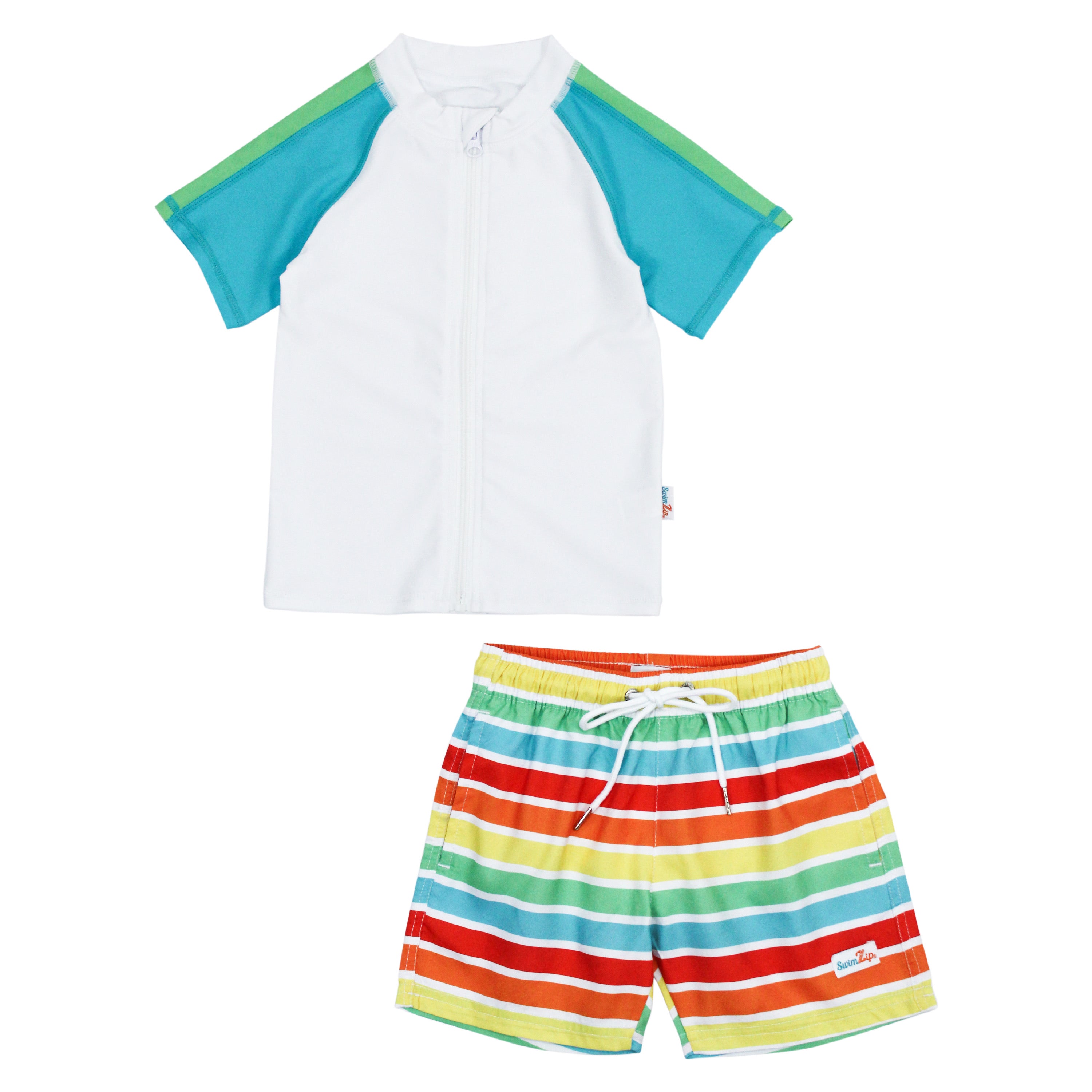Boys Short Sleeve Zipper Rash Guard and Swim Trunk Set | "Rainbow"-SwimZip UPF 50+ Sun Protective Swimwear & UV Zipper Rash Guards-pos1