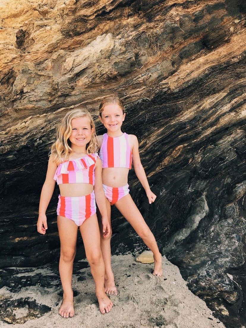 Girls Bikini One-Shoulder + High Waist Bottom Swimsuit Set (2 Piece) - "Peachy Stripes"-SwimZip UPF 50+ Sun Protective Swimwear & UV Zipper Rash Guards-pos9