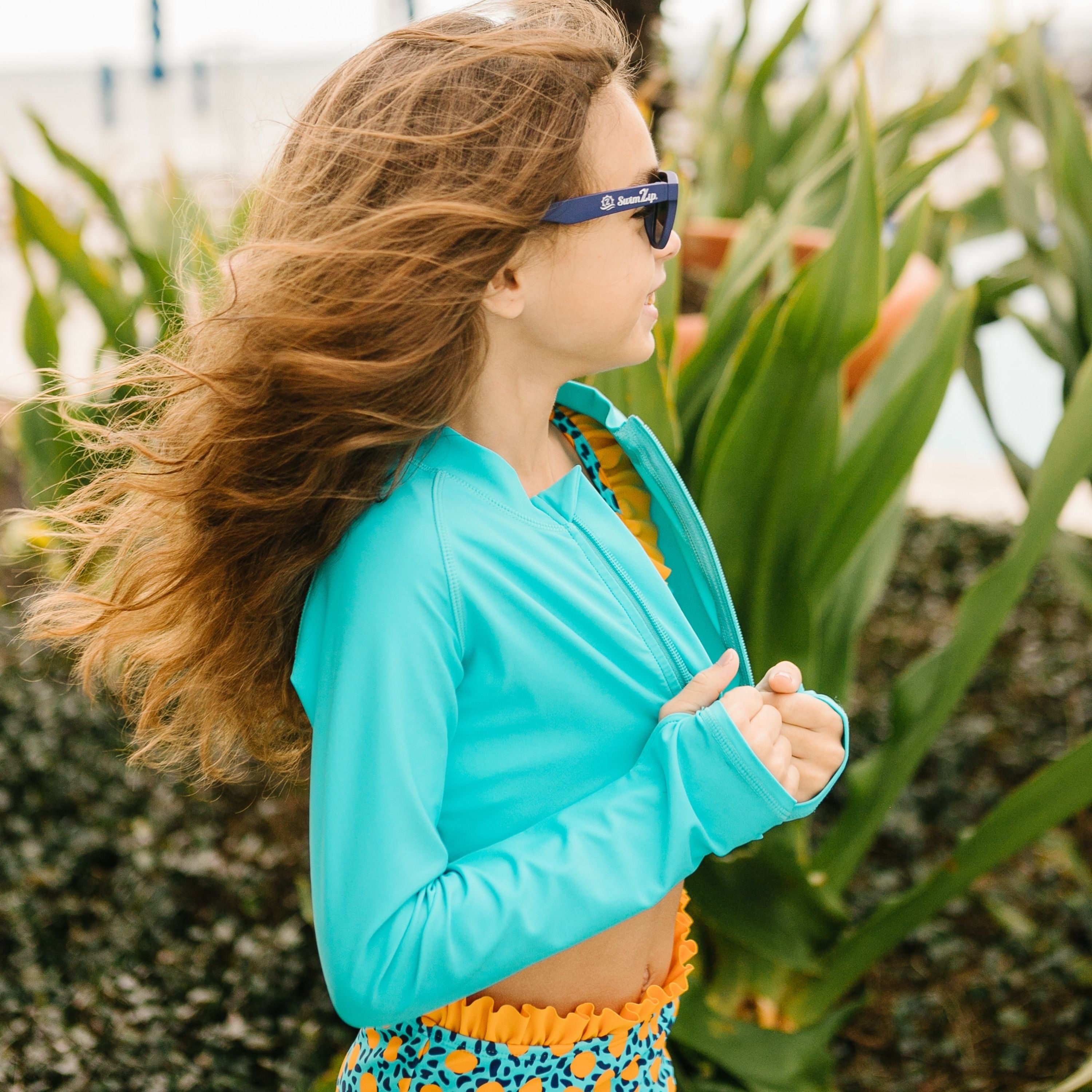 Girls Long Sleeve Crop Rash Guard | "Scuba Blue"-SwimZip UPF 50+ Sun Protective Swimwear & UV Zipper Rash Guards-pos7