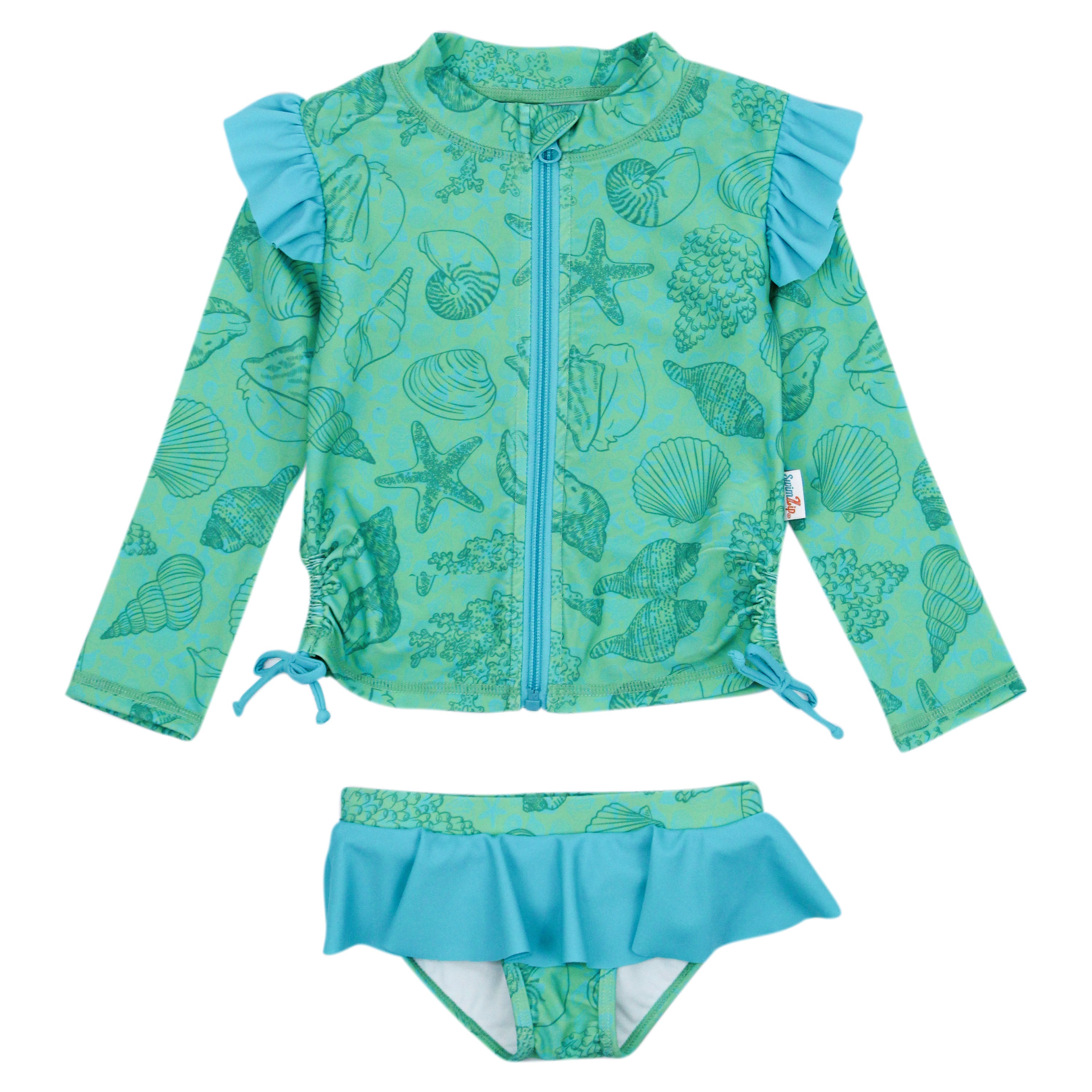 Girls Long Sleeve Rash Guard Ruffle Bottom Swimsuit Set (2 Piece) | "Seashell"-SwimZip UPF 50+ Sun Protective Swimwear & UV Zipper Rash Guards-pos1