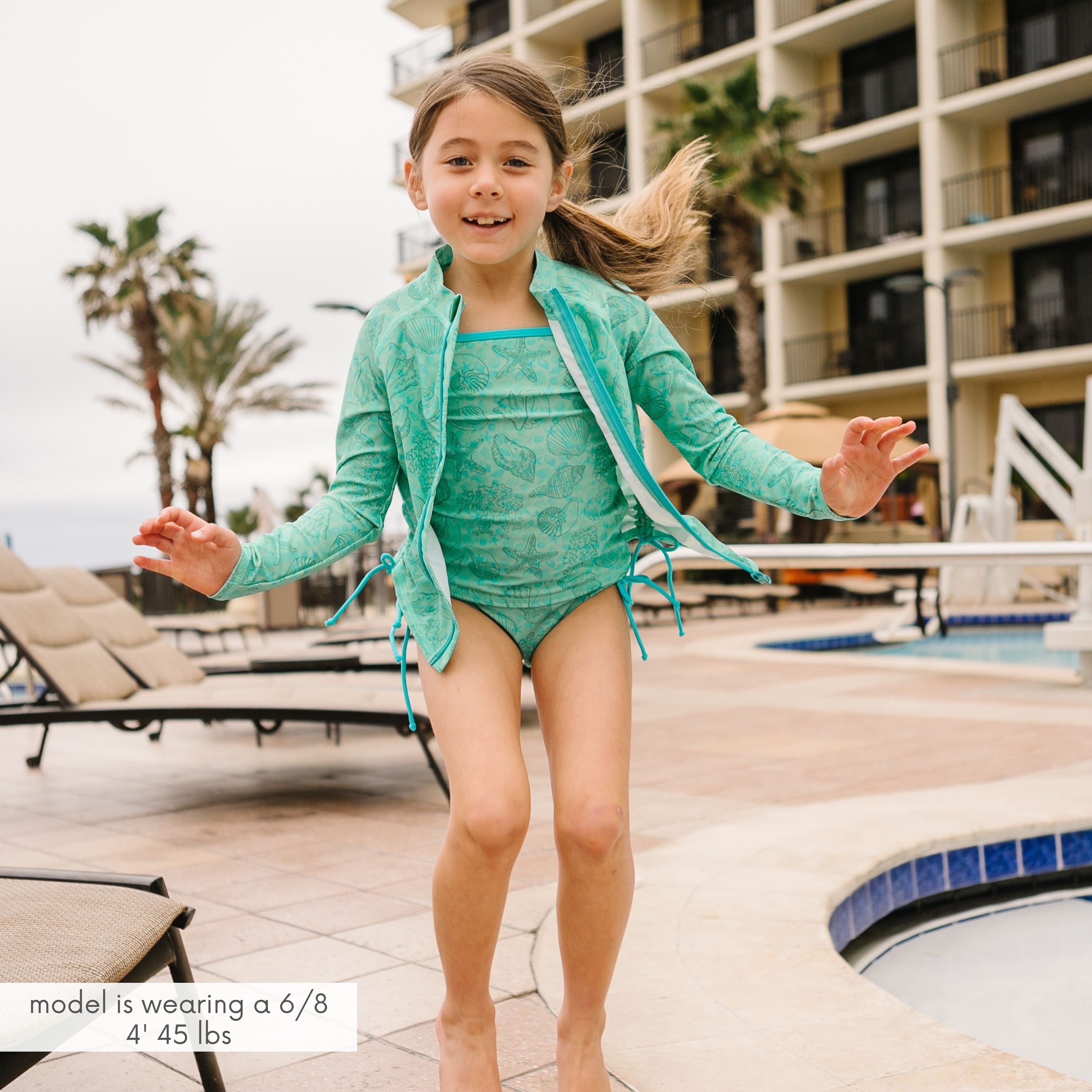 Girls Long Sleeve Rash Guard + Tankini Bikini Set (3 Piece) | "Seashell”-SwimZip UPF 50+ Sun Protective Swimwear & UV Zipper Rash Guards-pos2
