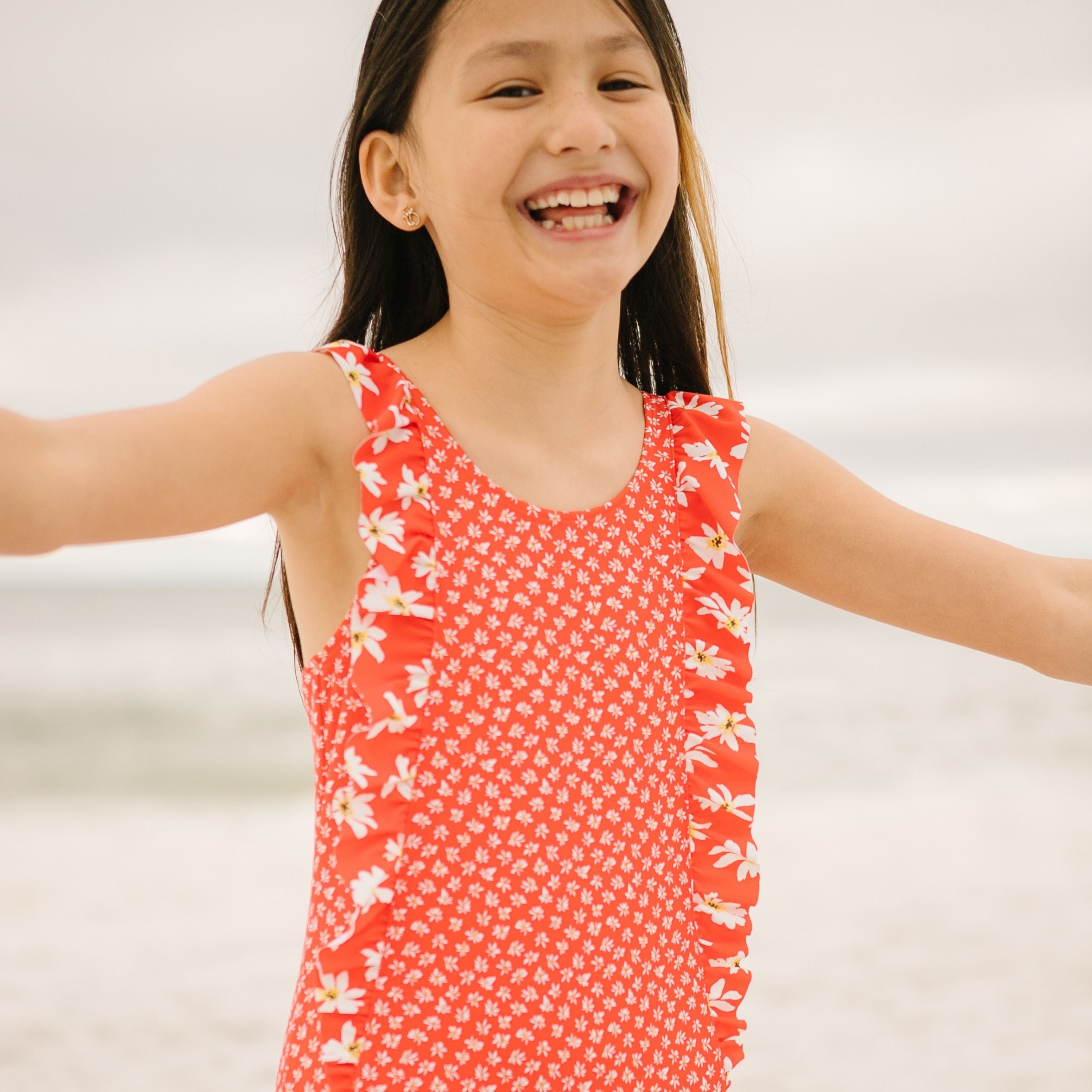 Girls Ruffle One-Piece Swimsuit | "Too Sweet" Daisy-SwimZip UPF 50+ Sun Protective Swimwear & UV Zipper Rash Guards-pos11