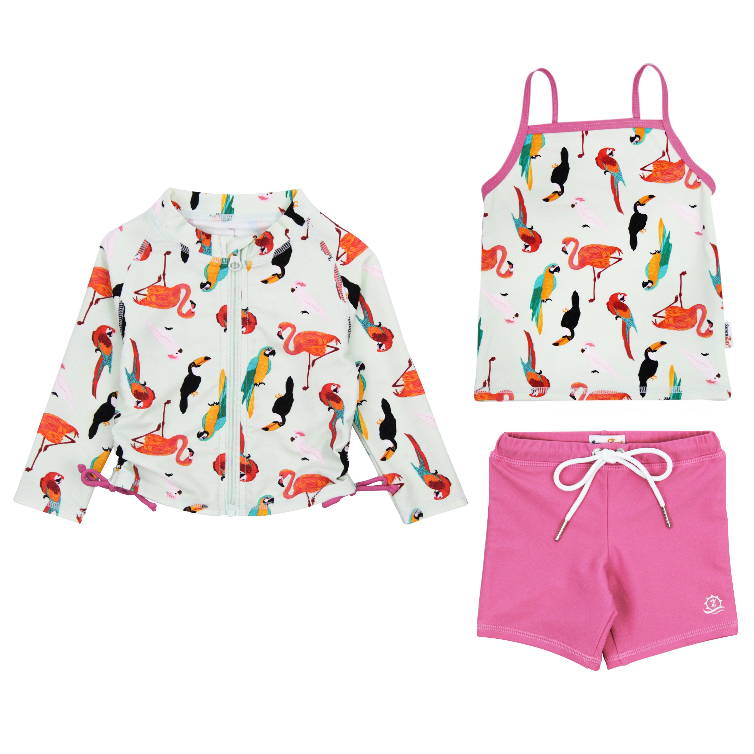 Girls Long Sleeve Rash Guard + Tankini Shorts Set (3 Piece) | "Tropical Birds"-6-12 Month-Tropical Birds-SwimZip UPF 50+ Sun Protective Swimwear & UV Zipper Rash Guards-pos1